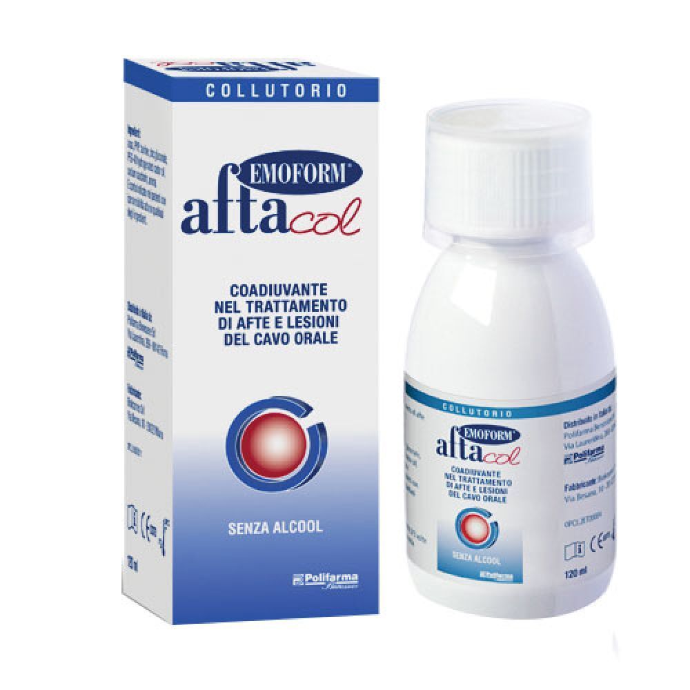 Emform Aftacol, collutorio, flacone e confezione. Scritta: Aftacol, senza alcool. 120 ml.