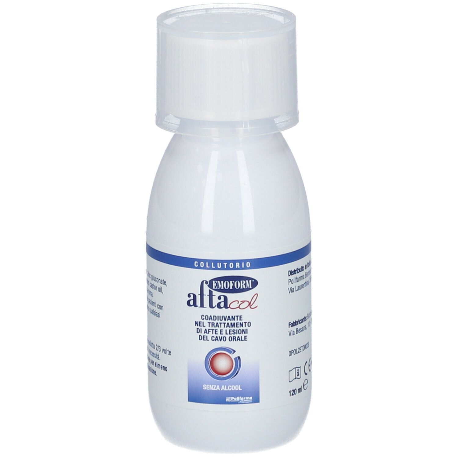 Emform Aftacol, collutorio, flacone. Scritta: Aftacol, senza alcool. 120 ml.