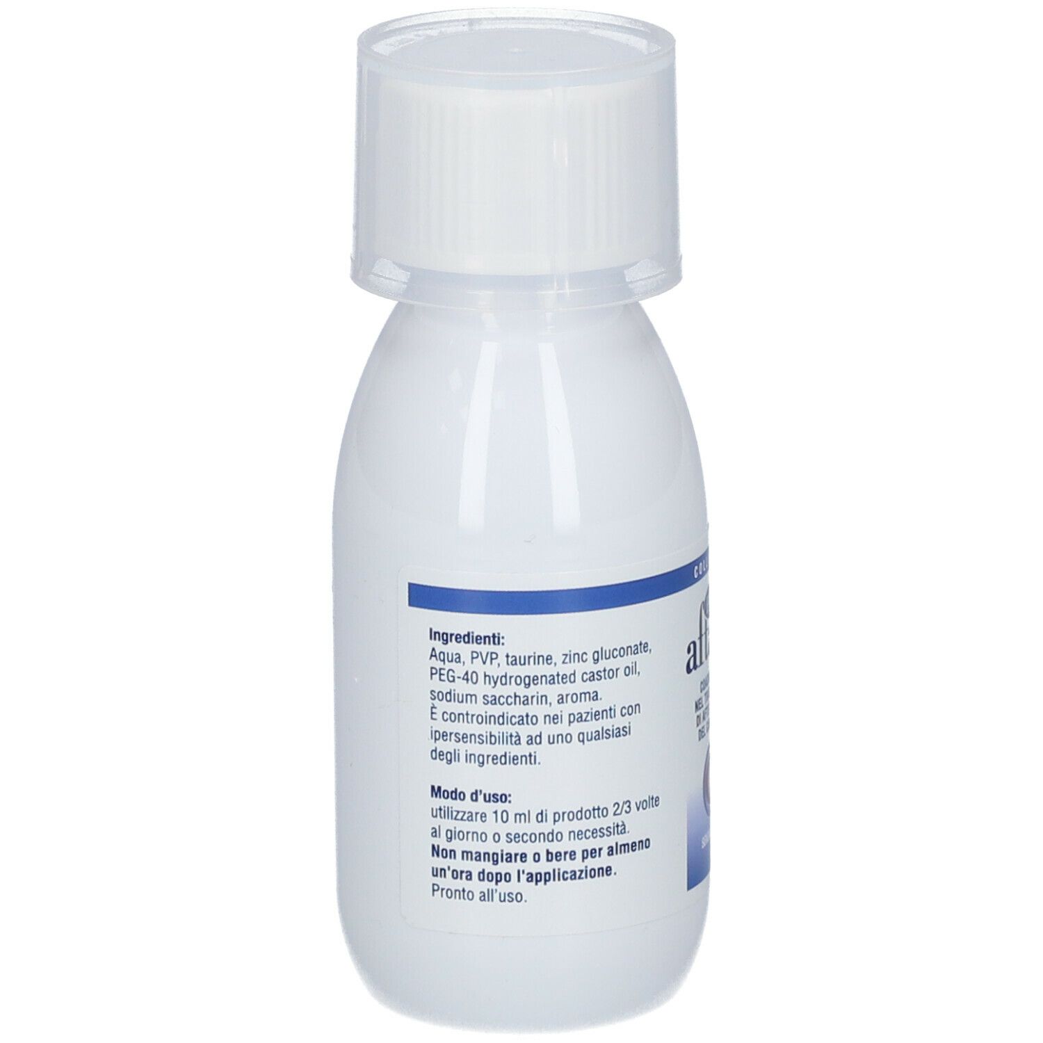 Emform Aftacol, collutorio, flacone. Retro con ingredienti e istruzioni per l'uso.