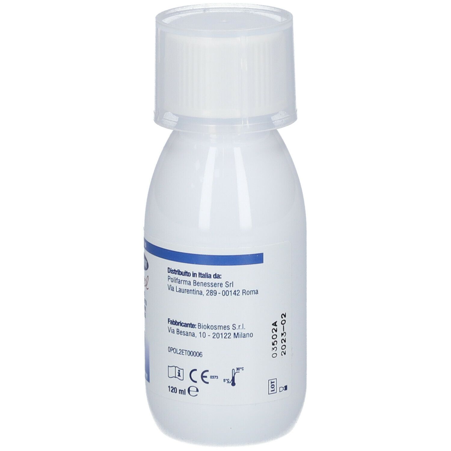 Emform Aftacol, collutorio, flacone. Retro con informazioni produttore e volume: 120 ml.