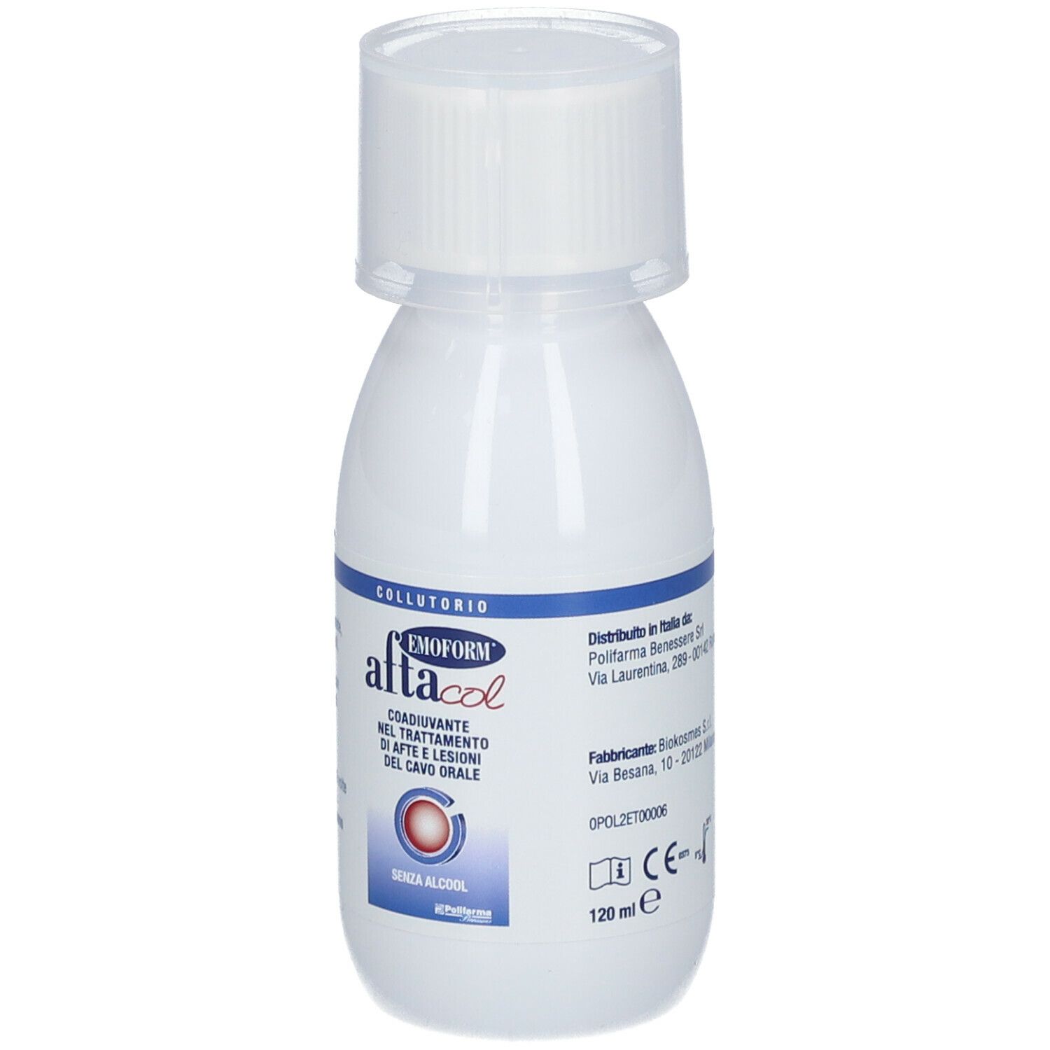 Emform Aftacol, collutorio, flacone. Scritta: Aftacol, senza alcool. 120 ml.