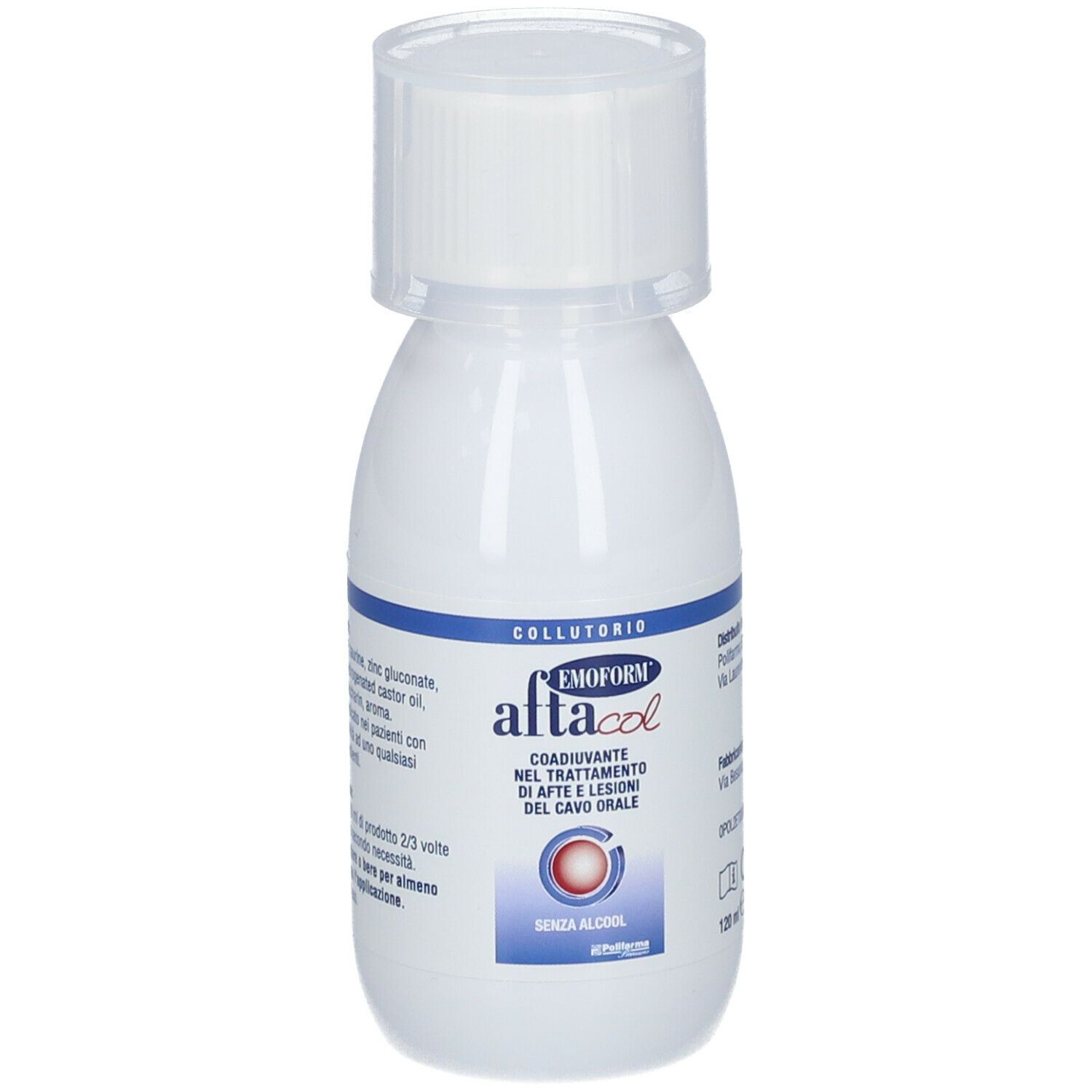 Emform Aftacol, collutorio, flacone. Scritta: Aftacol, senza alcool. 120 ml.