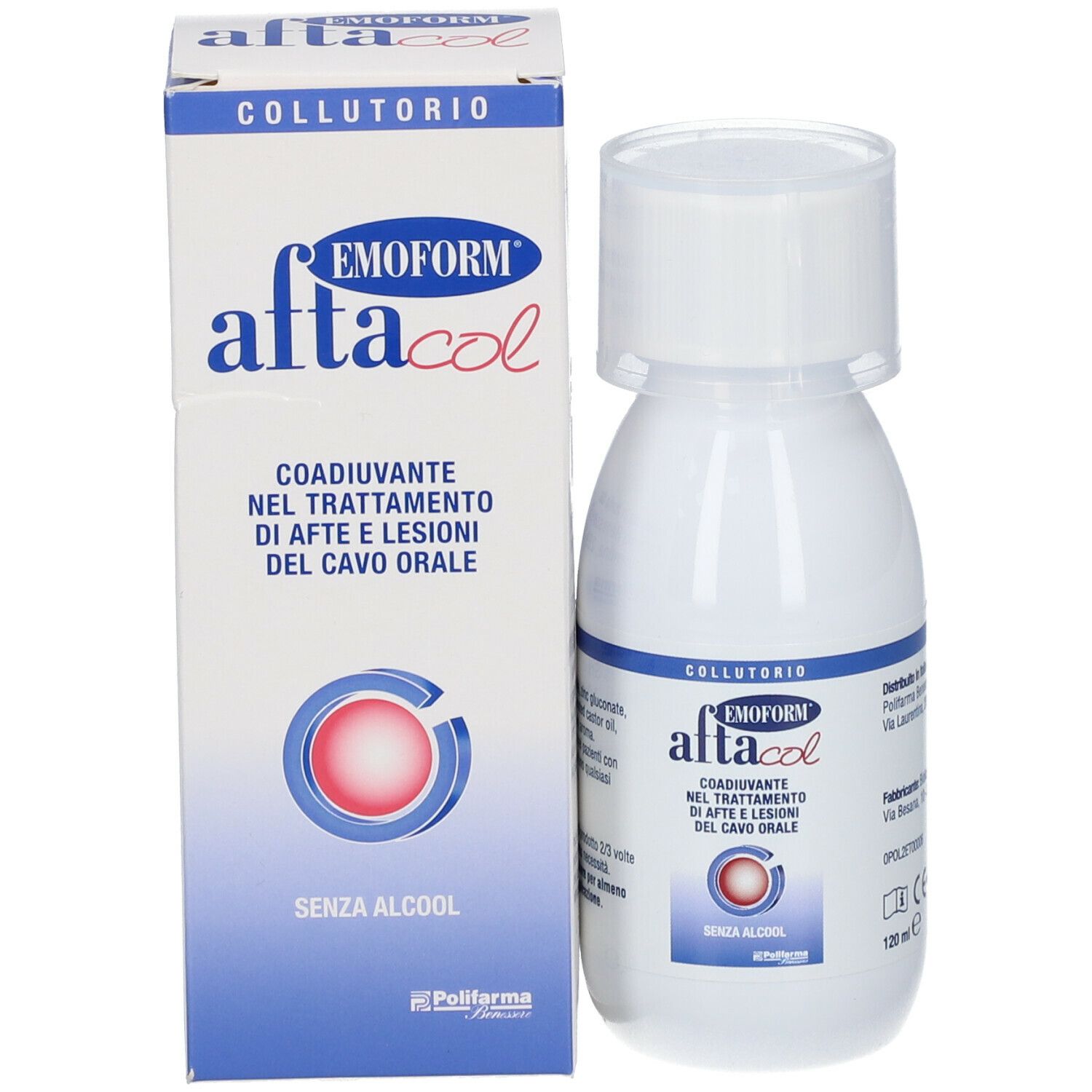 Emform Aftacol, collutorio, flacone e confezione. Scritta: Aftacol, senza alcool.