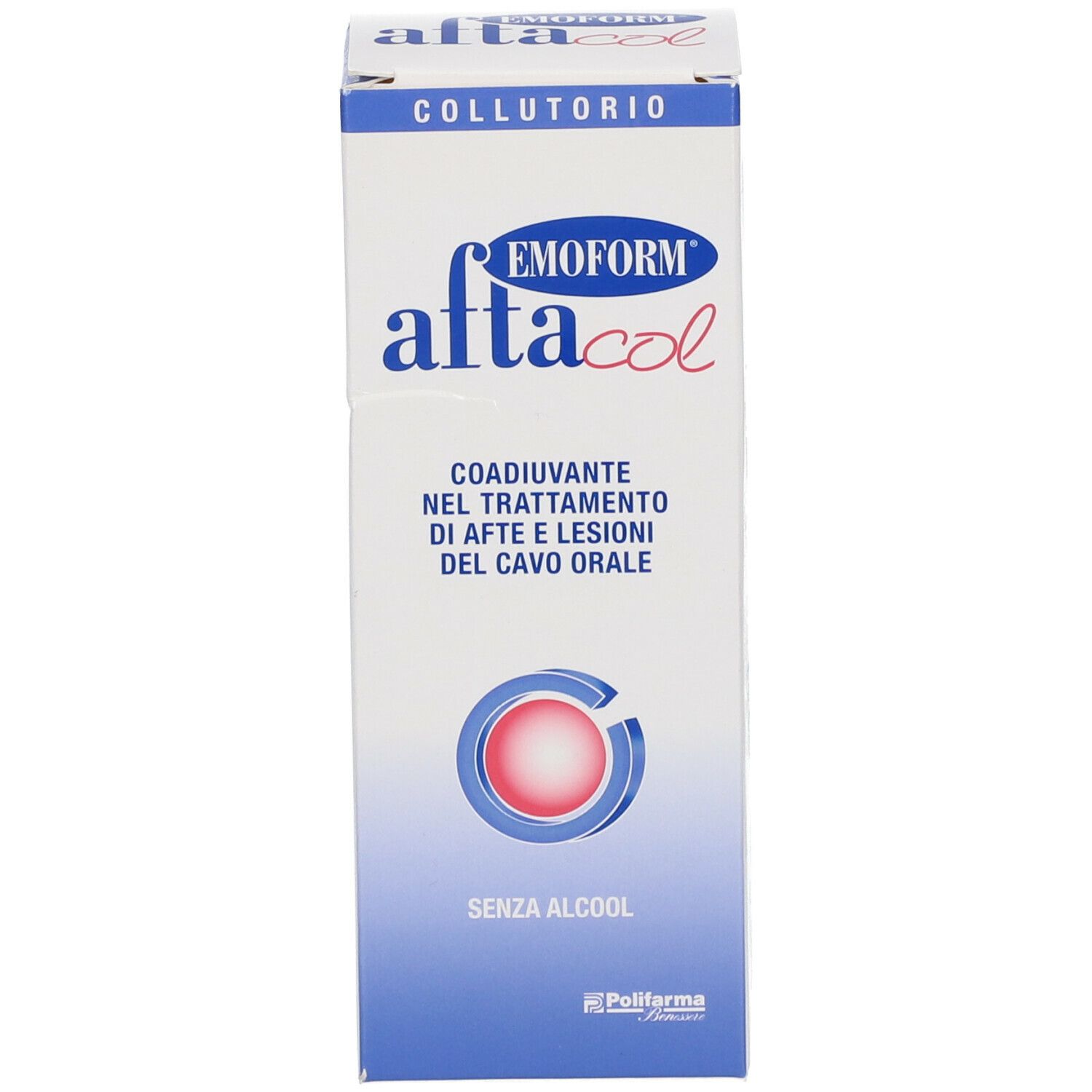 Emform Aftacol, collutorio, confezione. Scritta: Aftacol, senza alcool.
