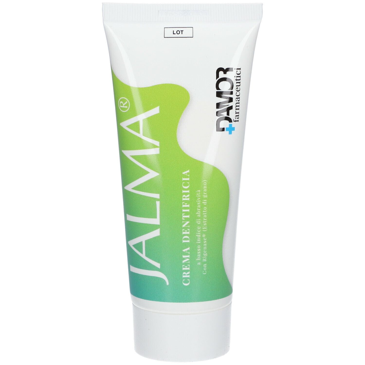 Tubo di dentifricio Jalma. Bianco con design verde. Nome del prodotto e logo visibili.