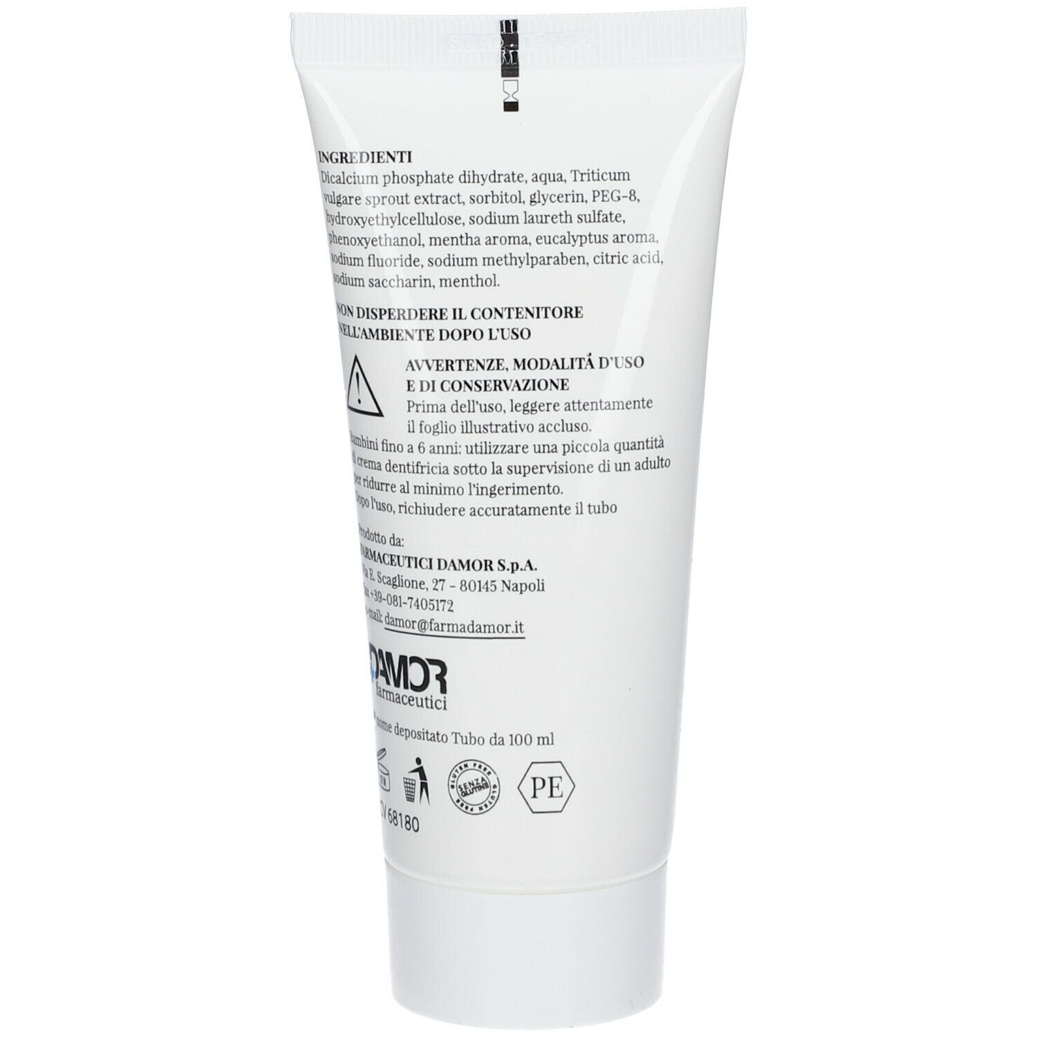 Retro del tubo di dentifricio. Contiene ingredienti, avvertenze e informazioni del produttore.