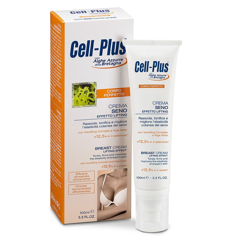Tubo e scatola di crema. Scritta: Cell-Plus, Crema Seno Effetto Lifting. Contiene alghe. Crema seno.