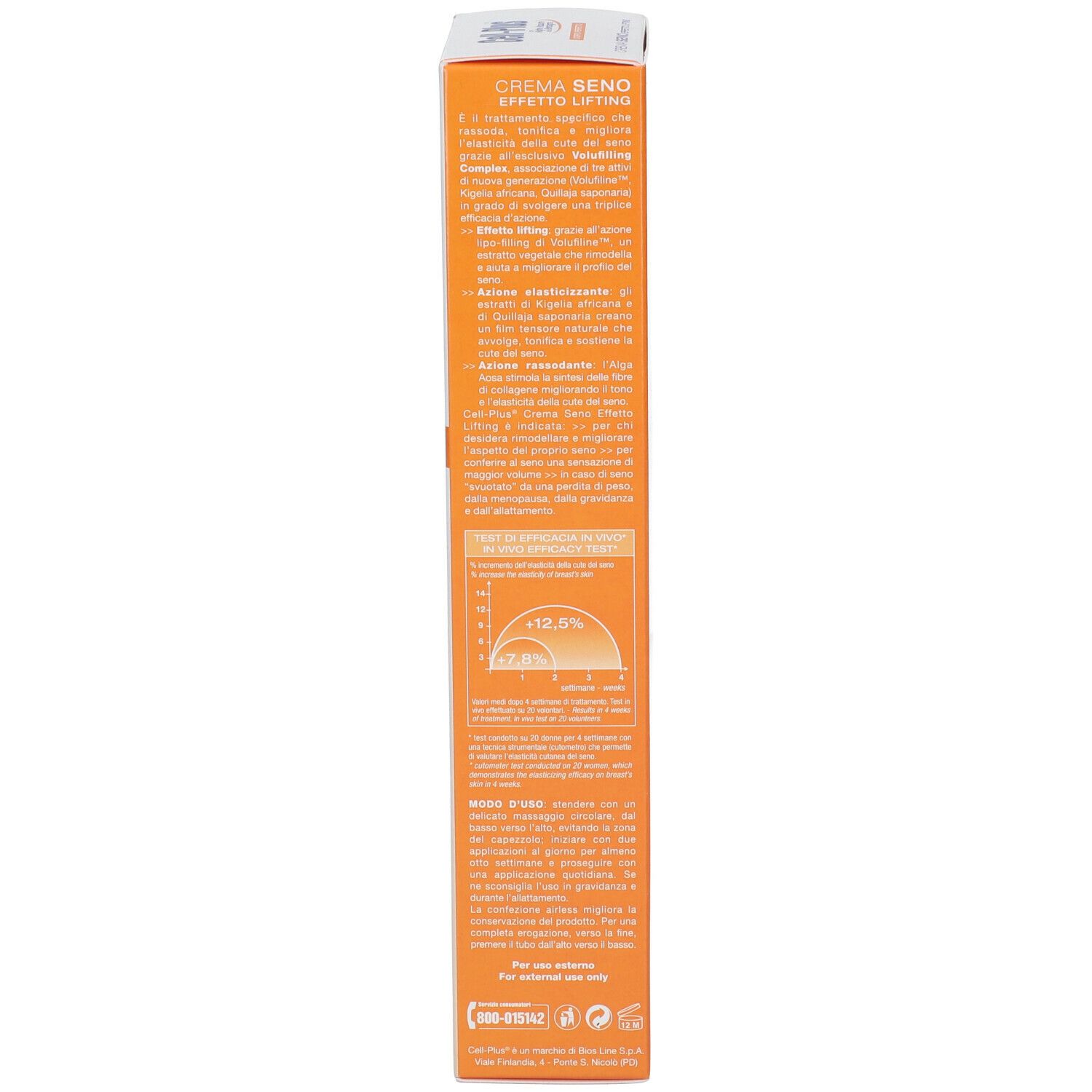 Scatola. Scritta: Crema Seno Effetto Lifting. Crema seno. Istruzioni per l'uso. Ingredienti. Diagramma.