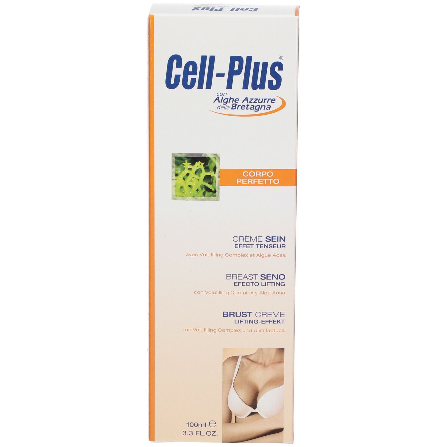 Scatola con Cell-Plus, Crema Seno Effetto Lifting. Contiene alghe. Crema seno. 100ml.