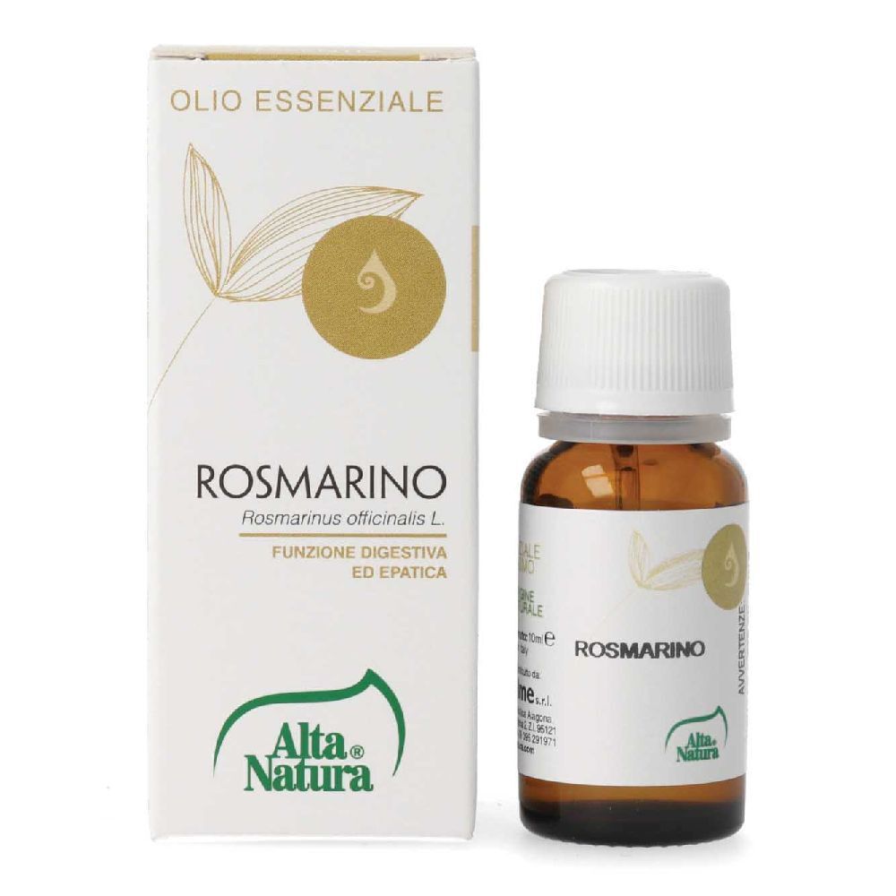 Braune Glasflasche und Karton. Aufschrift: Rosmarino, Olio Essenziale. Marke: Alta Natura. Weiße Kappe.