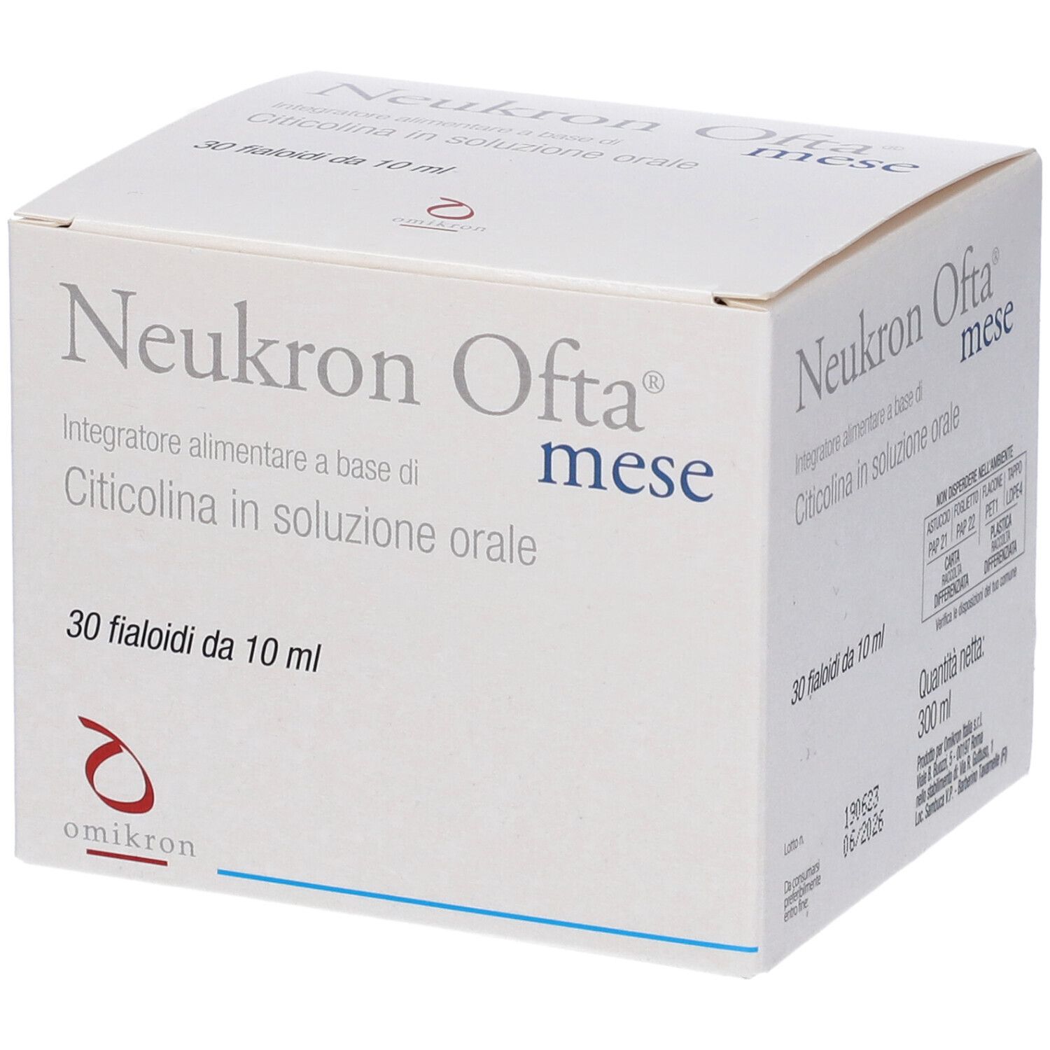 Weiße Schachtel mit Aufschrift Neukron Ofta mese. Enthält 30 Fläschchen à 10 ml. Marke Omikron.