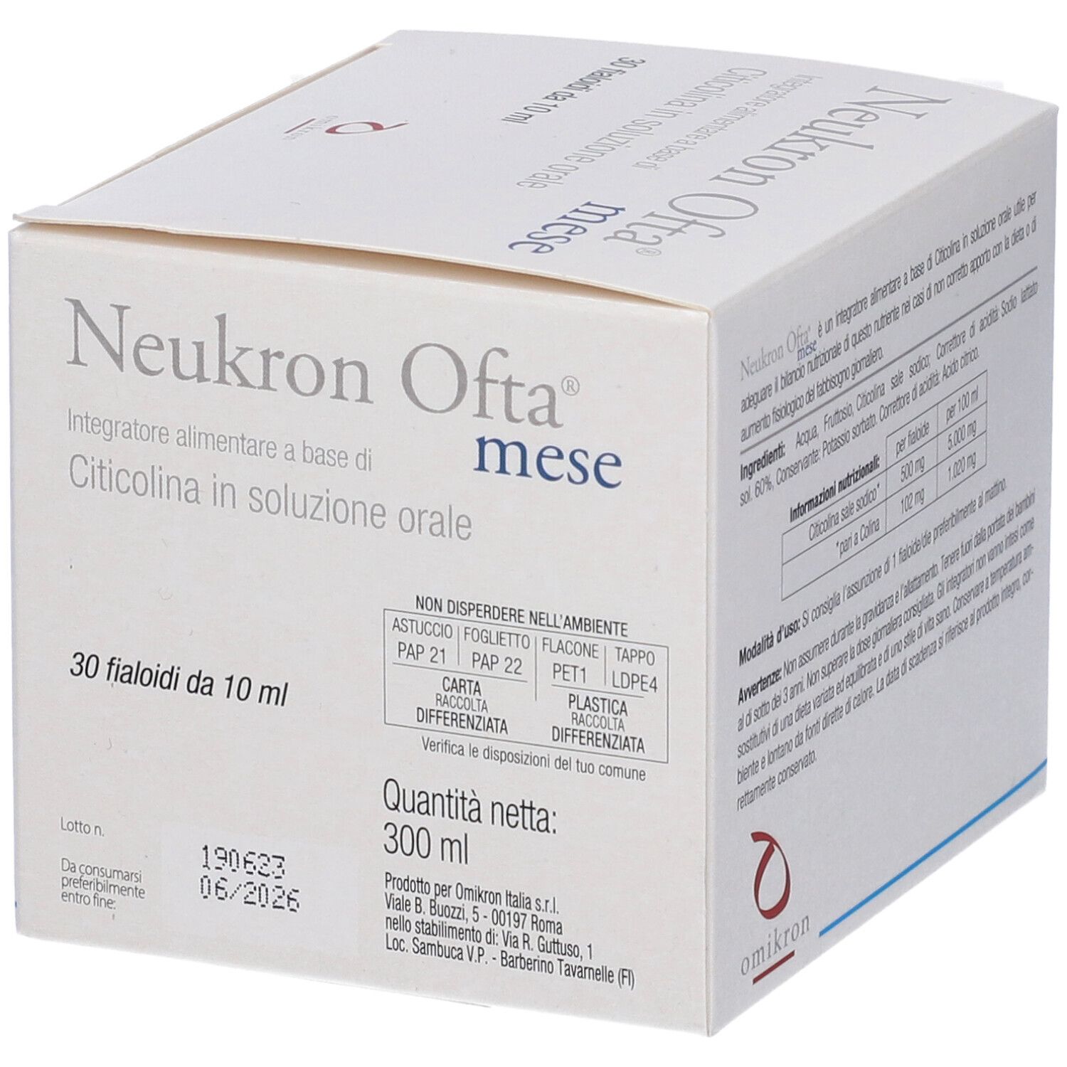 Weiße Schachtel mit Text Neukron Ofta mese. Enthält 30 Fläschchen à 10 ml. Text und Inhaltsangaben.