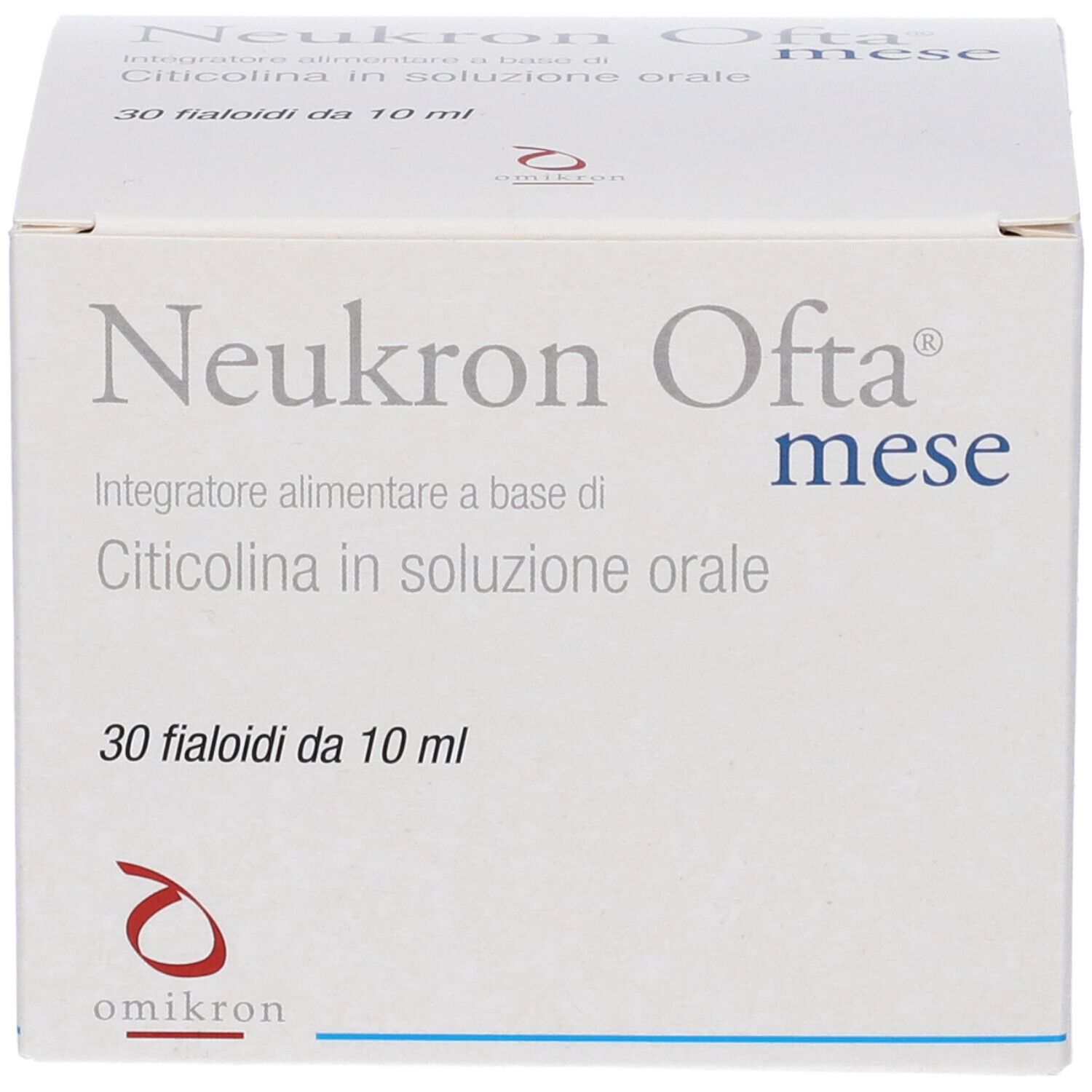 Weiße Schachtel mit Text Neukron Ofta mese. Enthält 30 Fläschchen à 10 ml. Marke Omikron.