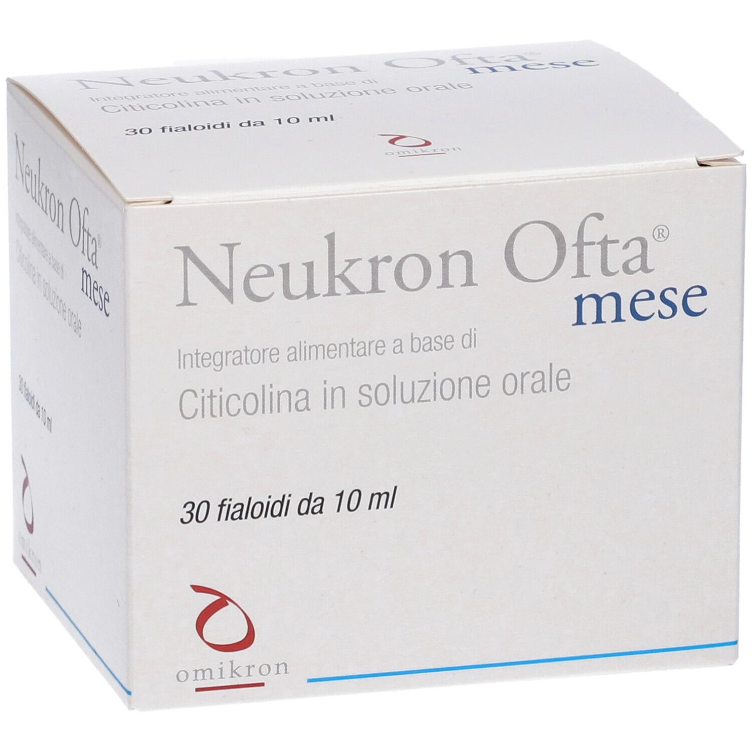 Weiße Schachtel mit Text Neukron Ofta mese. Enthält 30 Fläschchen à 10 ml. Marke Omikron.