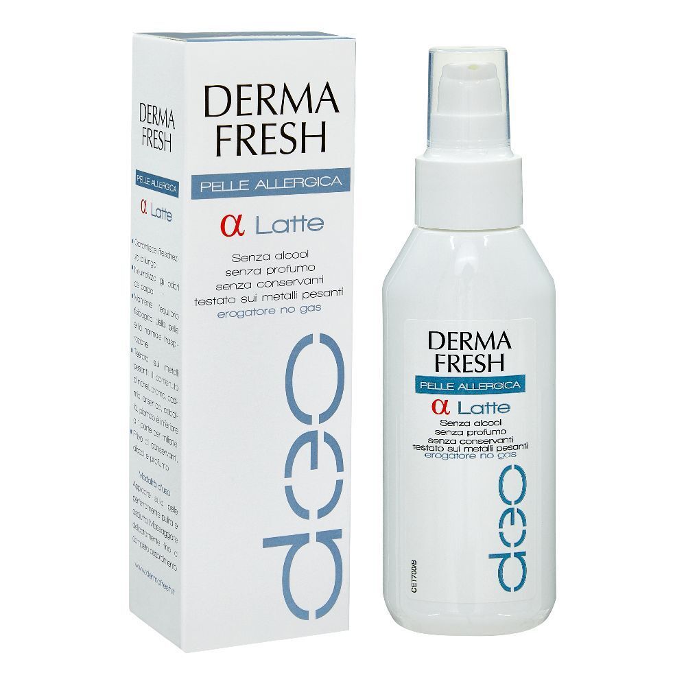 DERMA FRESH Deo α Milch, peau allergique. Flacon et emballage blancs. Texte en italien.