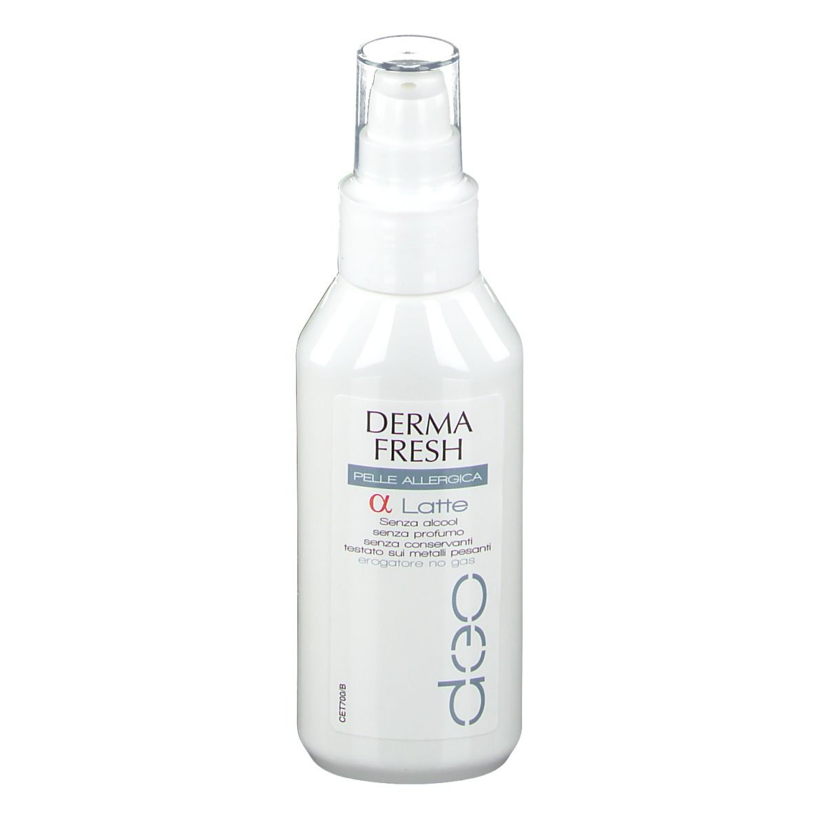 Flacon blanc de DERMA FRESH Deo α Milch, peau allergique. Tête de pulvérisation. Texte en italien.