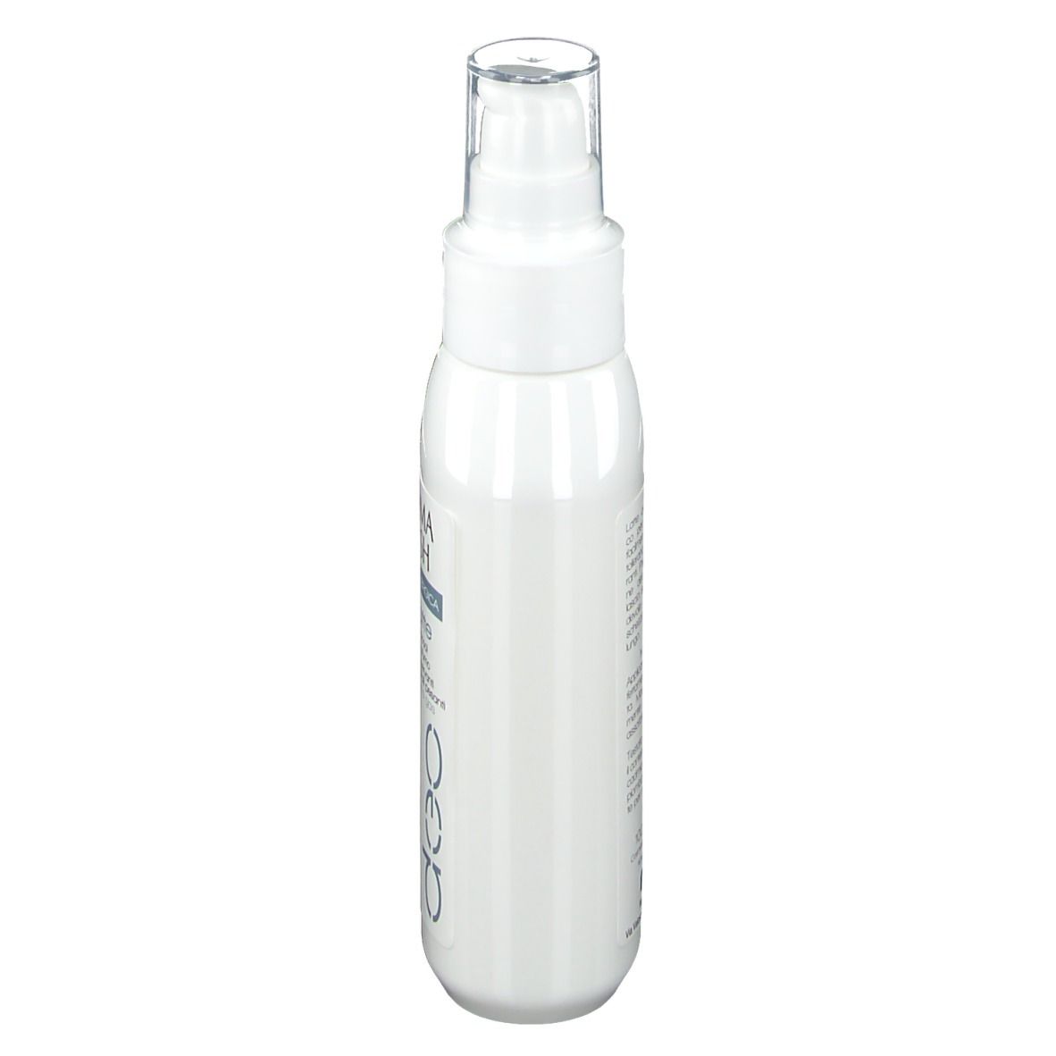 Vue latérale du flacon blanc de DERMA FRESH Deo α Milch. Tête de pulvérisation. Texte en italien.