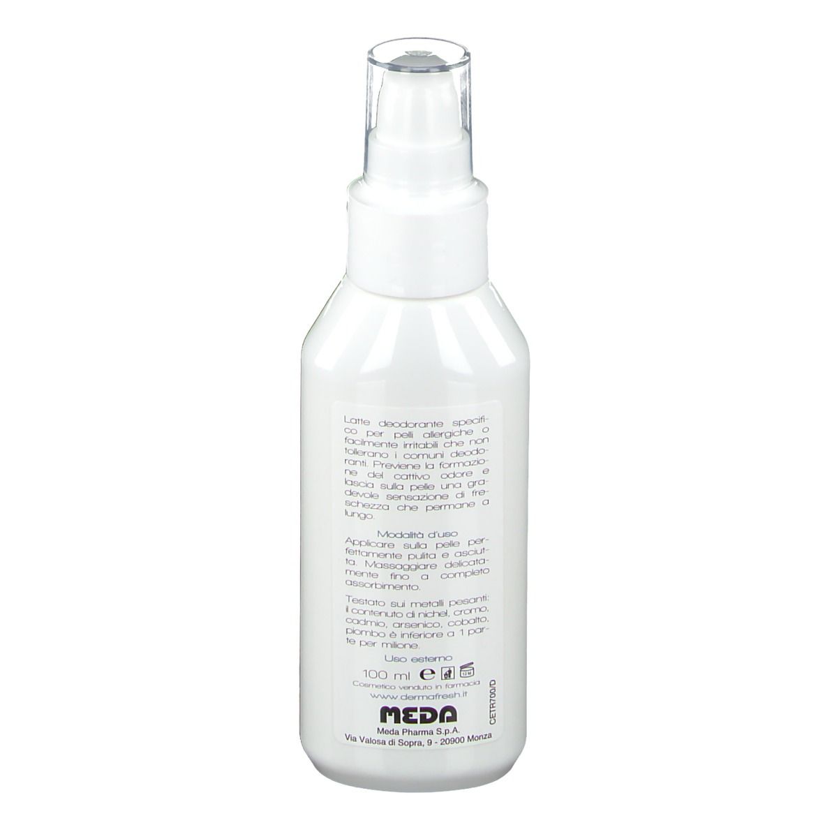 Dos du flacon blanc de DERMA FRESH Deo α Milch. Texte en italien. 100 ml.