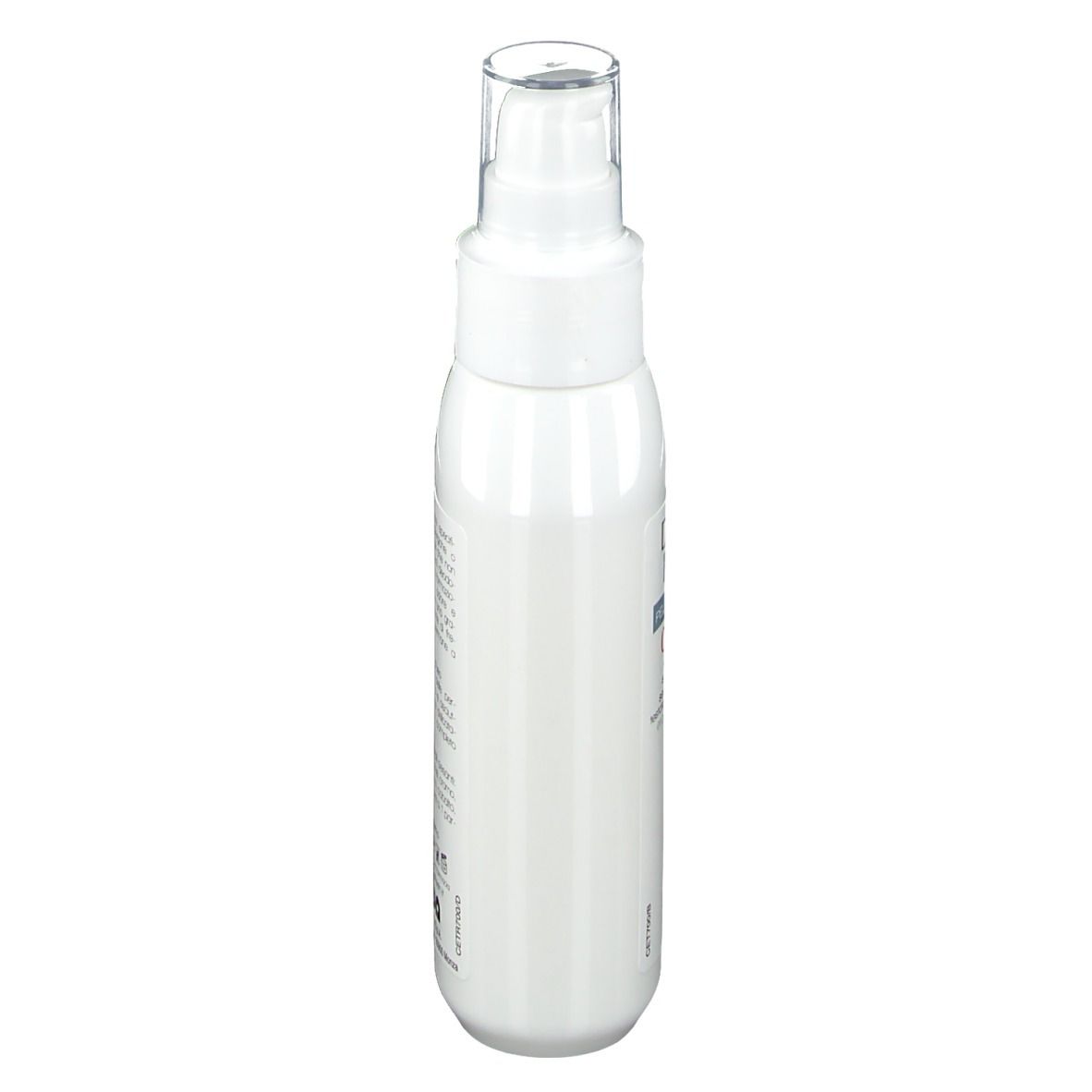 Vue latérale du flacon blanc de DERMA FRESH Deo α Milch. Tête de pulvérisation. Texte en italien.