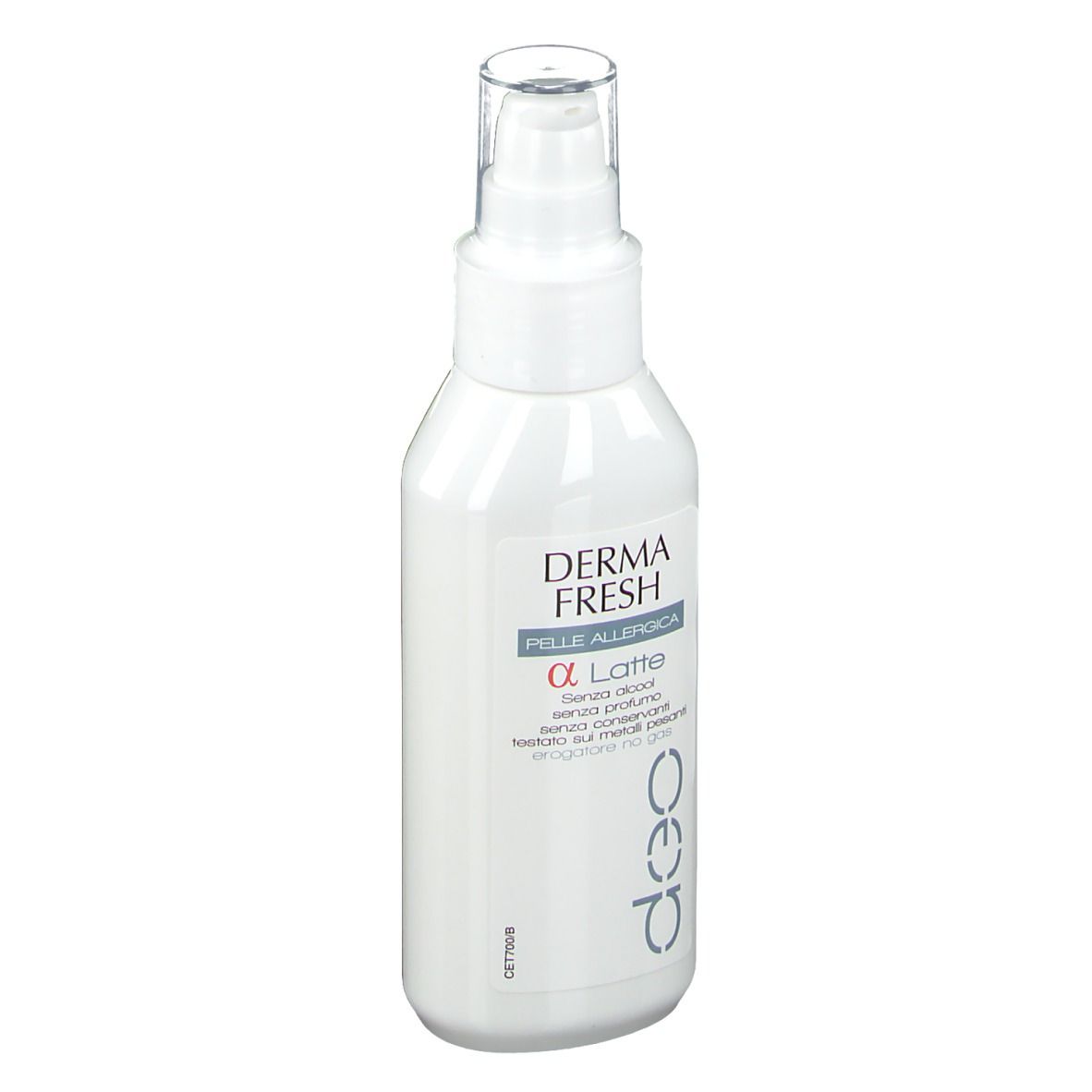 Flacon blanc de DERMA FRESH Deo α Milch, peau allergique. Tête de pulvérisation. Texte en italien.