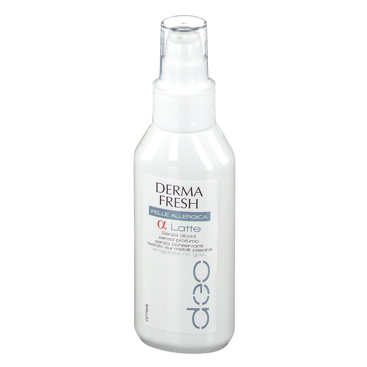 Flacon blanc de DERMA FRESH Deo α Milch, peau allergique. Tête de pulvérisation. Texte en italien.