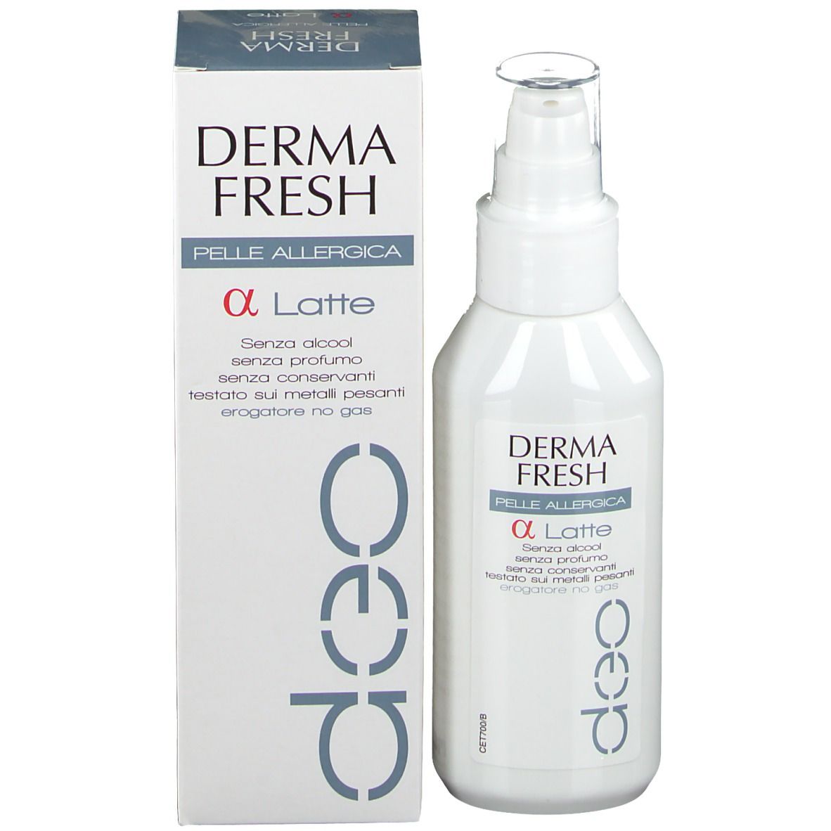 DERMA FRESH Deo α Milch, peau allergique. Flacon et emballage blancs. Texte en italien.