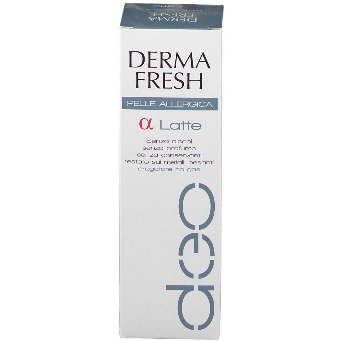 Emballage de DERMA FRESH Deo α Milch, peau allergique. Texte en italien.