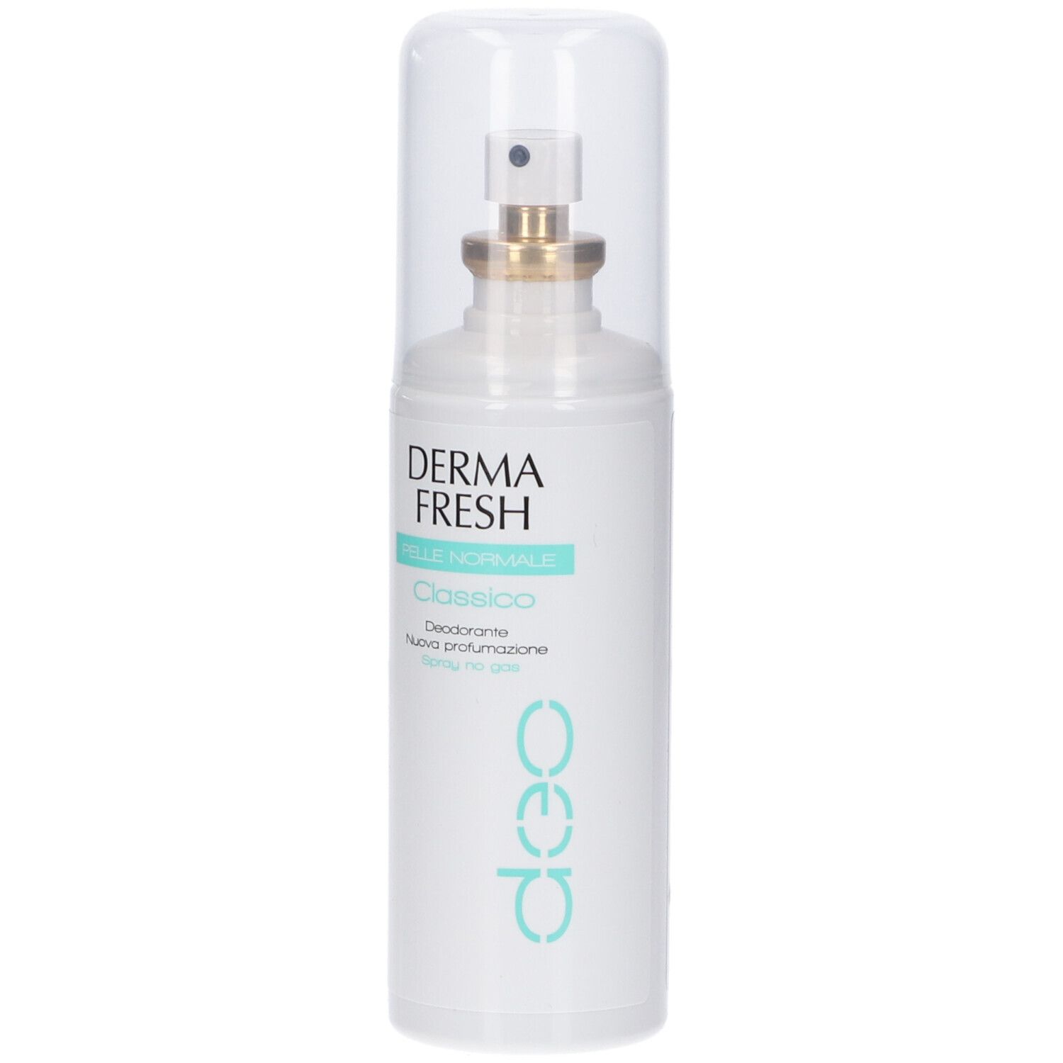 Weiße Sprühflasche mit klarem Deckel, Marke Dermafresh, Sorte Classico.
