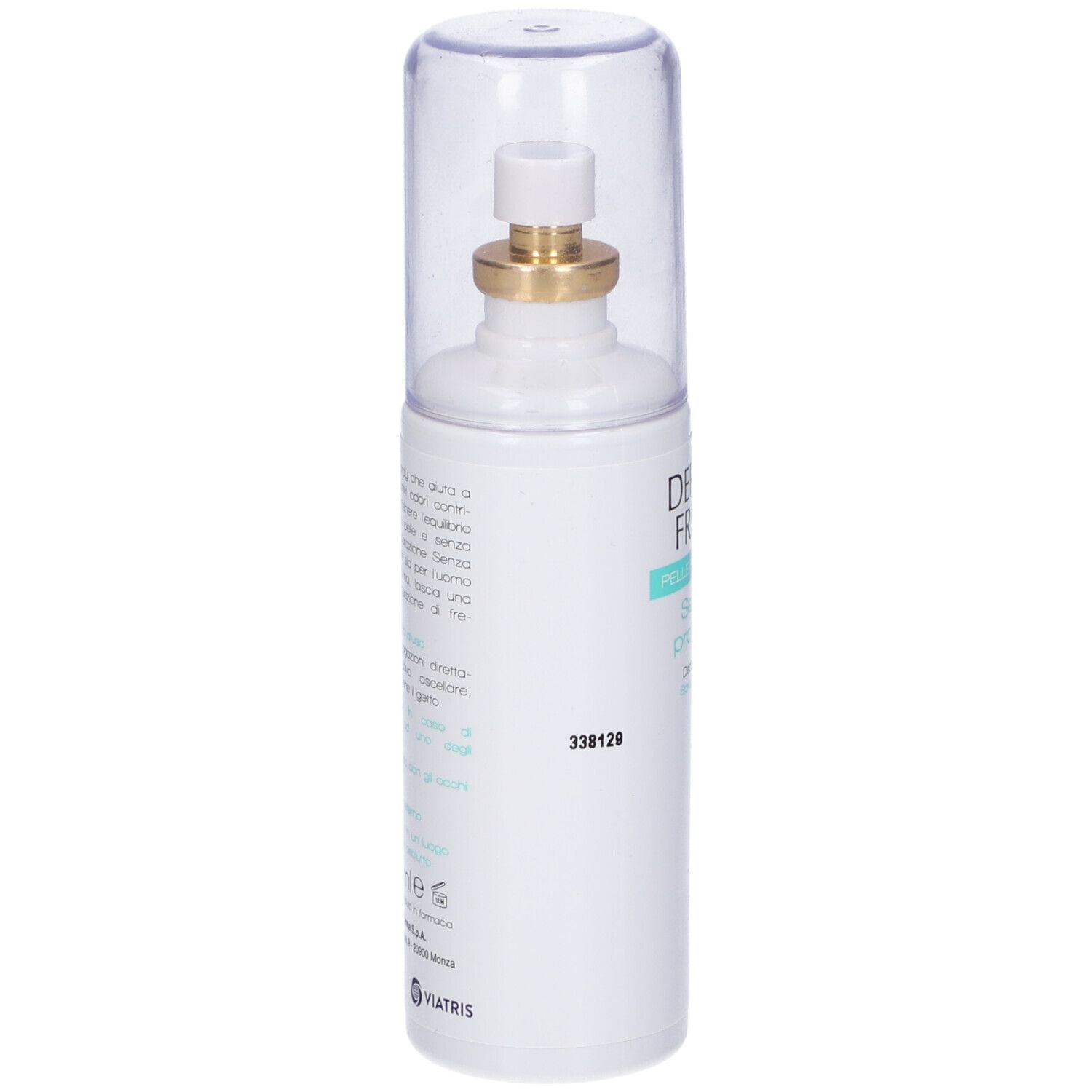 Weißes Spray mit durchsichtiger Kappe. Goldfarbener Sprühkopf. Text auf der Flasche.