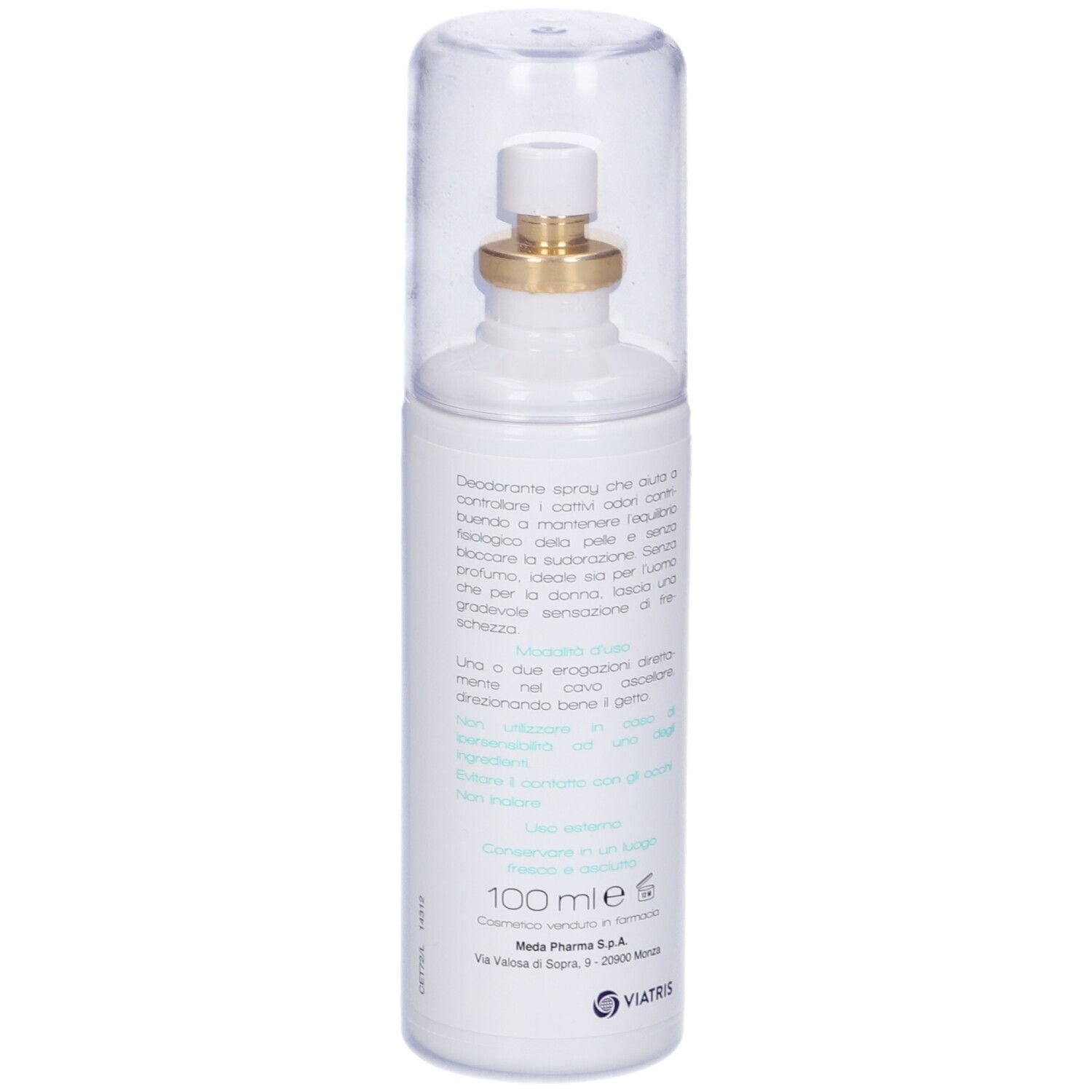 Weißes Spray mit durchsichtiger Kappe. Goldfarbener Sprühkopf. Text auf der Flasche.