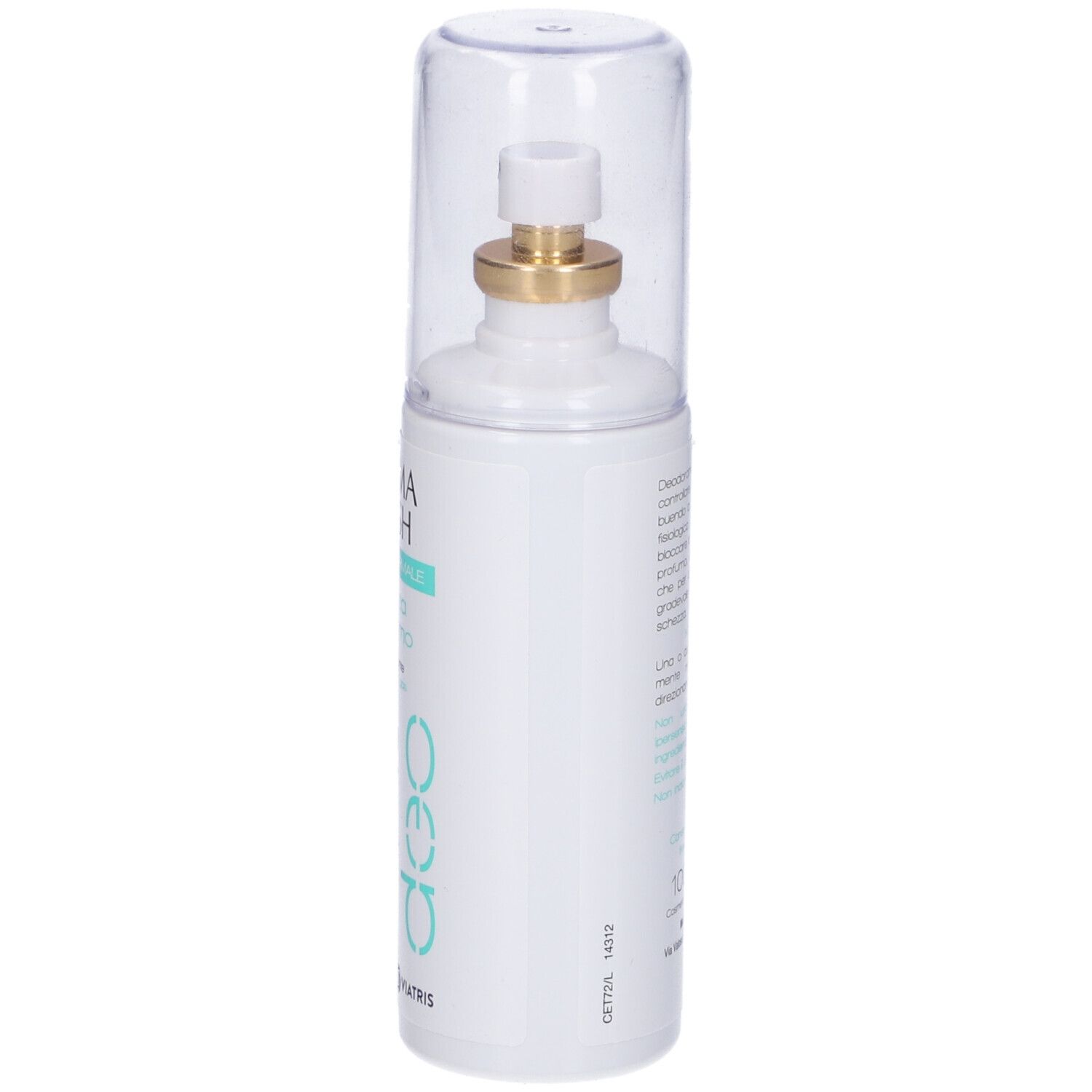 Weißes Spray mit durchsichtiger Kappe. Goldfarbener Sprühkopf. Text auf der Flasche.