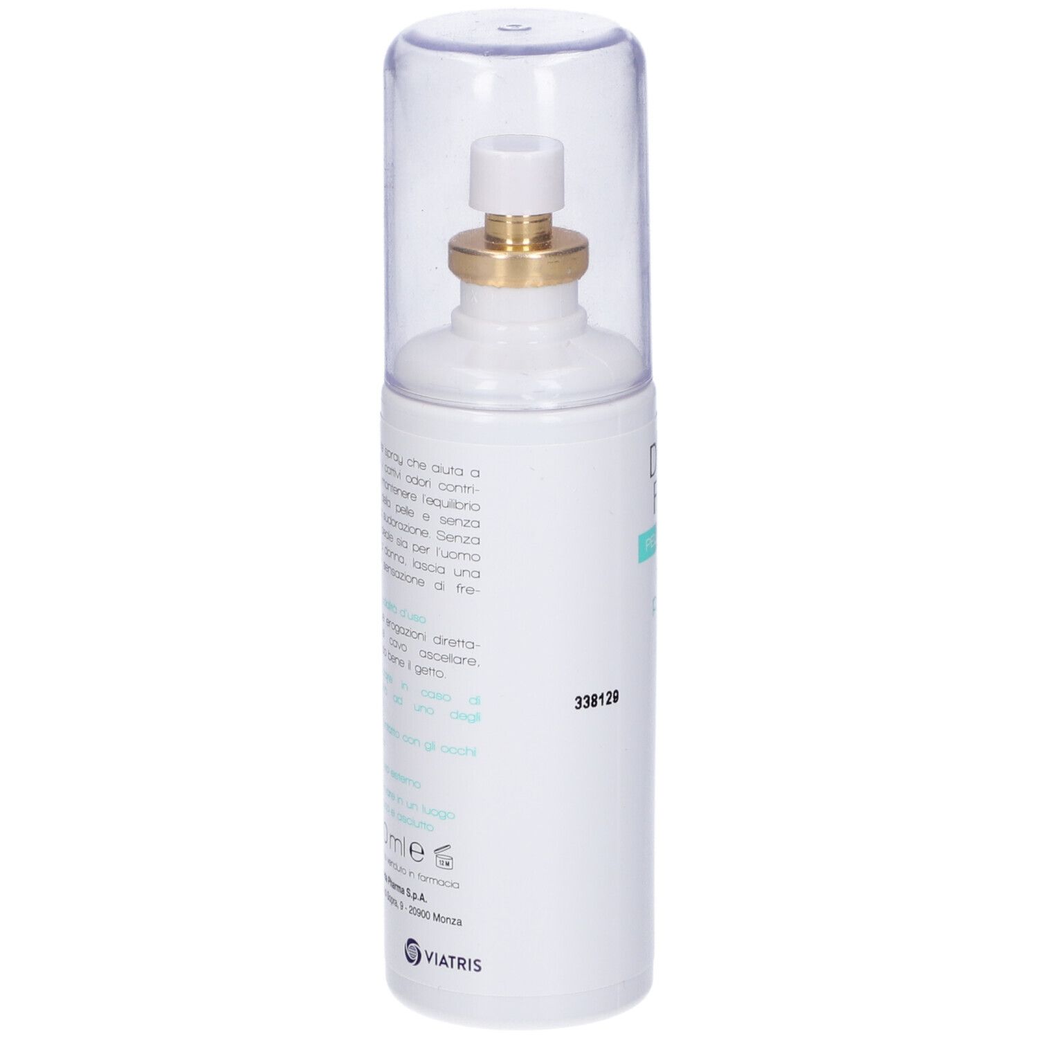 Weißes Spray mit durchsichtiger Kappe. Goldfarbener Sprühkopf. Text auf der Flasche.