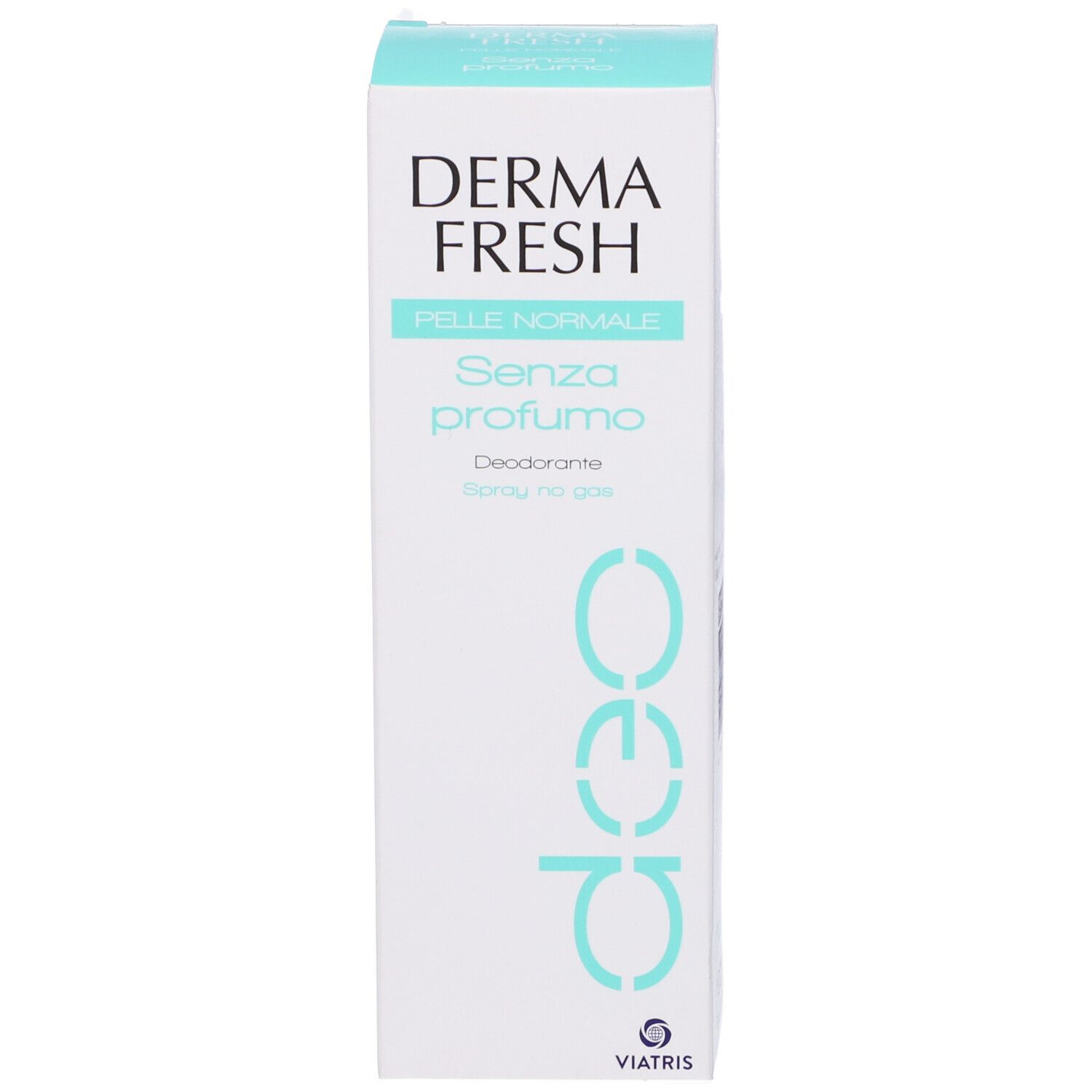 Weiße Box mit Text. Derma Fresh Pelle Normale, Senza Profumo, Deodorante, Spray no gas. Logo.
