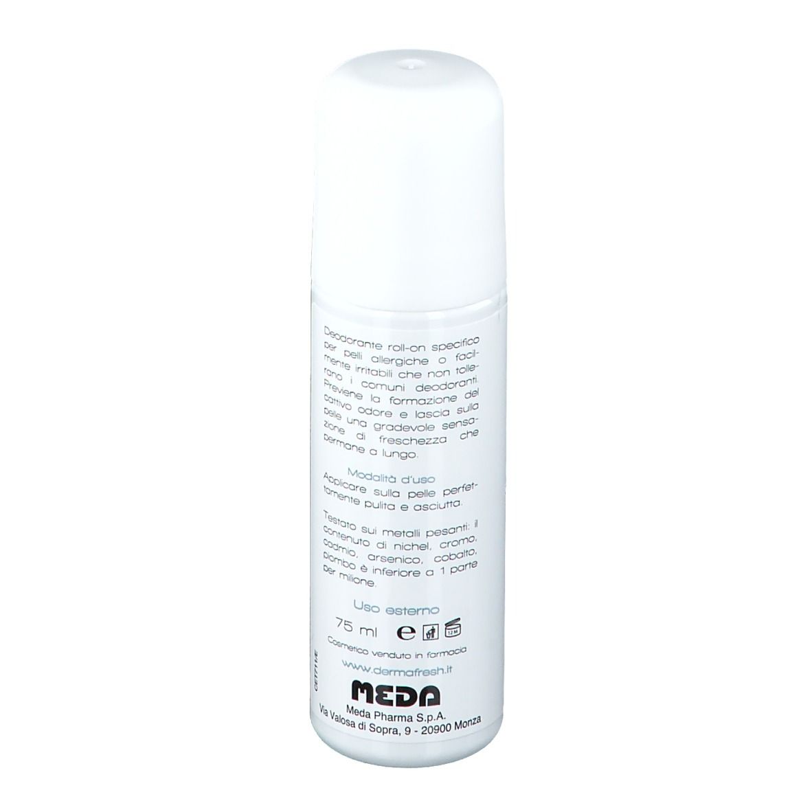 Roll-on blanc. Texte en italien. Volume: 75 ml. Informations fabricant.