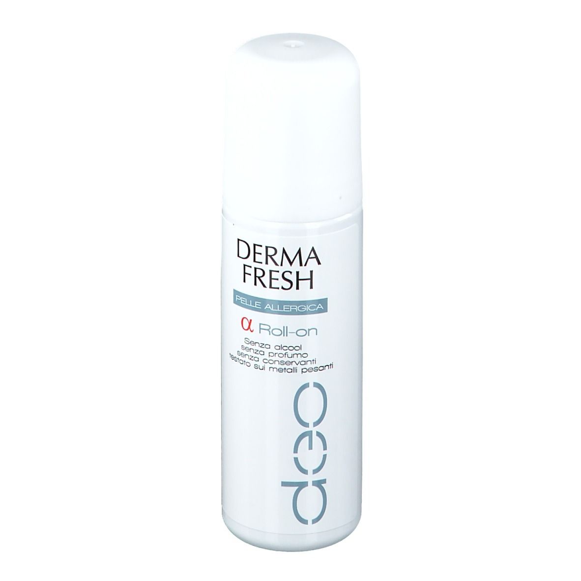 Roll-on blanc. Inscription: Derma Fresh Pelle Allergica. Applicateur roll-on visible.