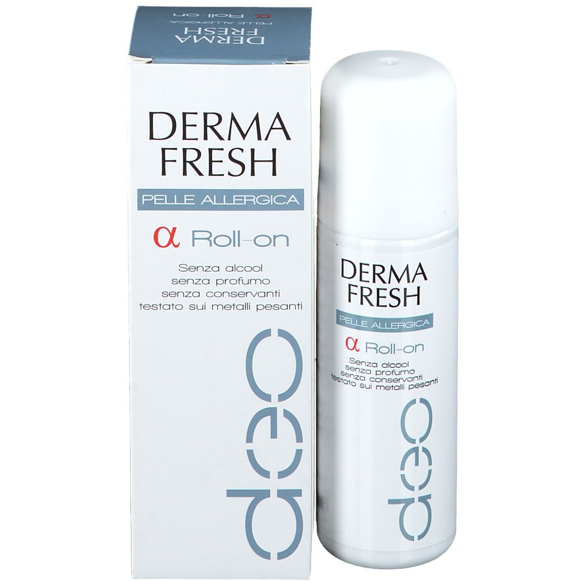 Roll-on et emballage. Inscription: Derma Fresh Pelle Allergica. Applicateur roll-on.