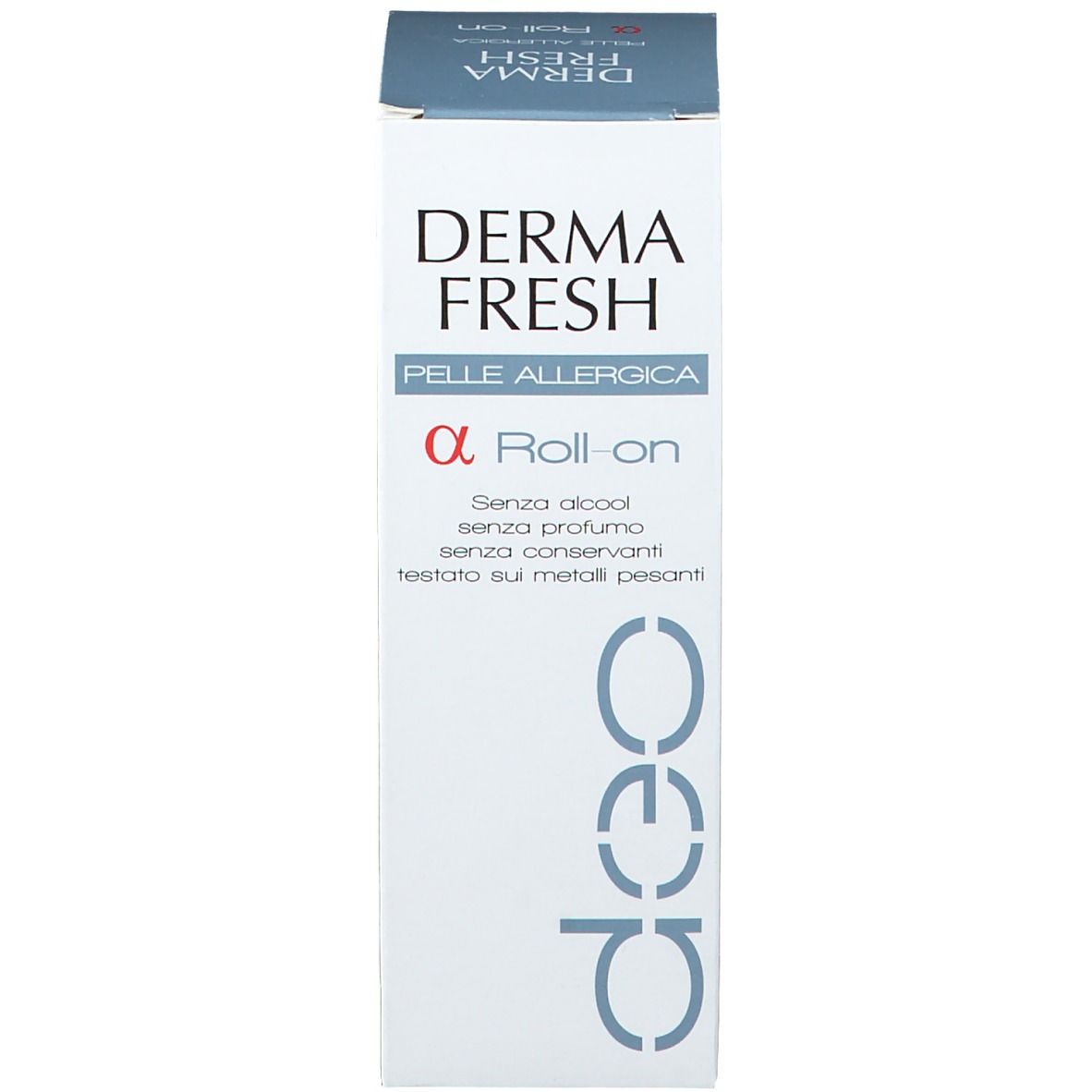Emballage. Inscription: Derma Fresh Pelle Allergica. Applicateur roll-on.