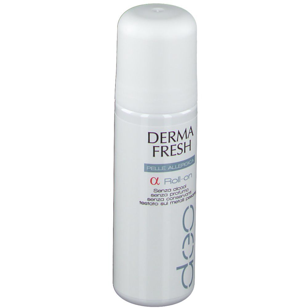 Roll-on blanc. Inscription: Derma Fresh Pelle Allergica. Applicateur roll-on visible.
