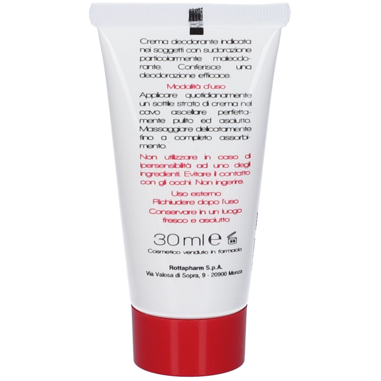 Rückseite der Tube. Text in italienischer Sprache. Angabe von 30 ml.