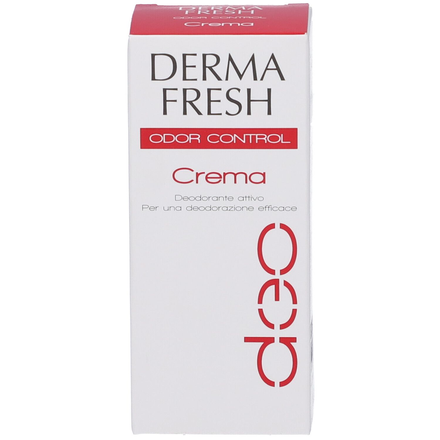 Produktverpackung. Weiß mit roter Schrift. Aufschrift: DERMA FRESH, ODOR CONTROL, Crema.