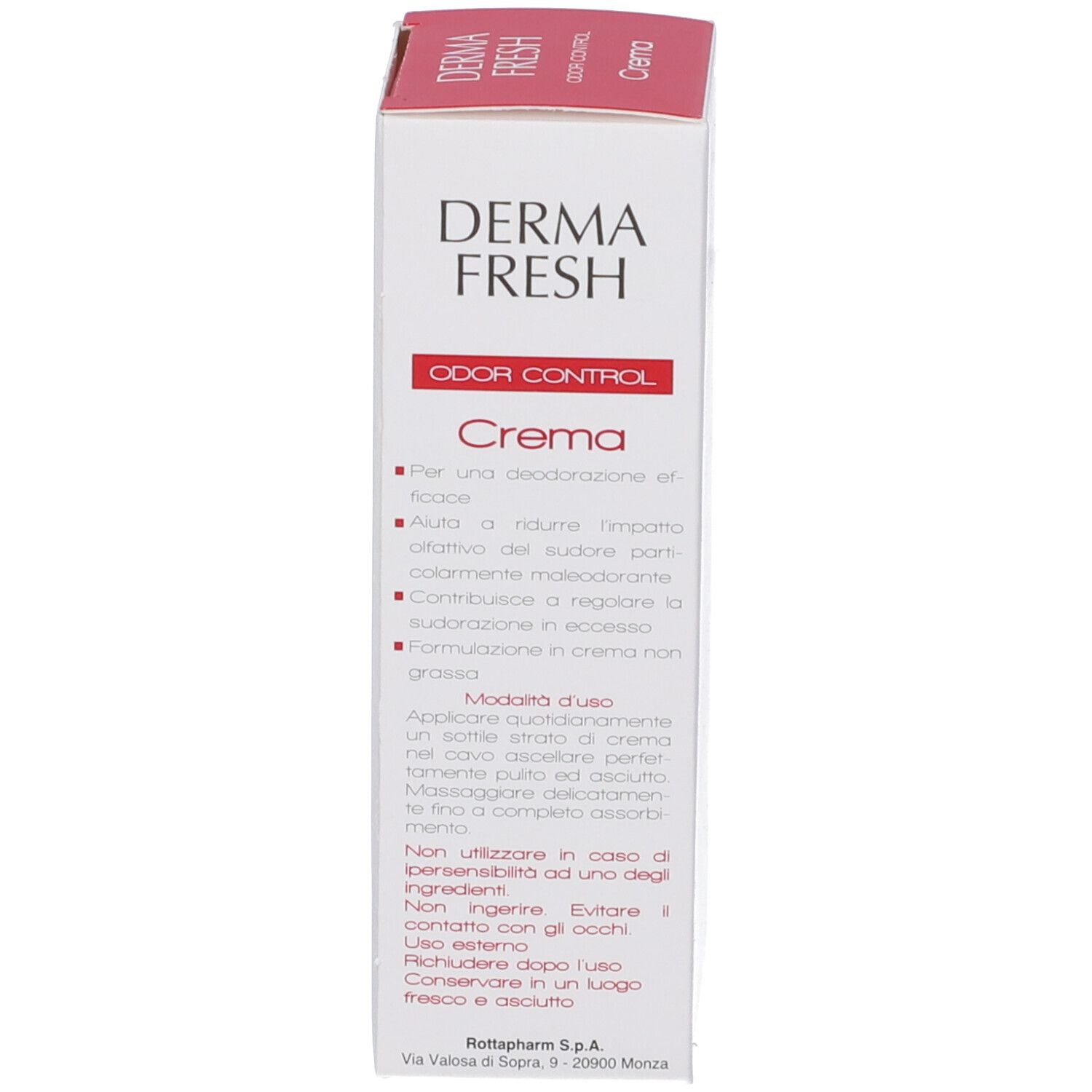 Produktverpackung. Weiße Verpackung mit roter Schrift. Text in italienischer Sprache.