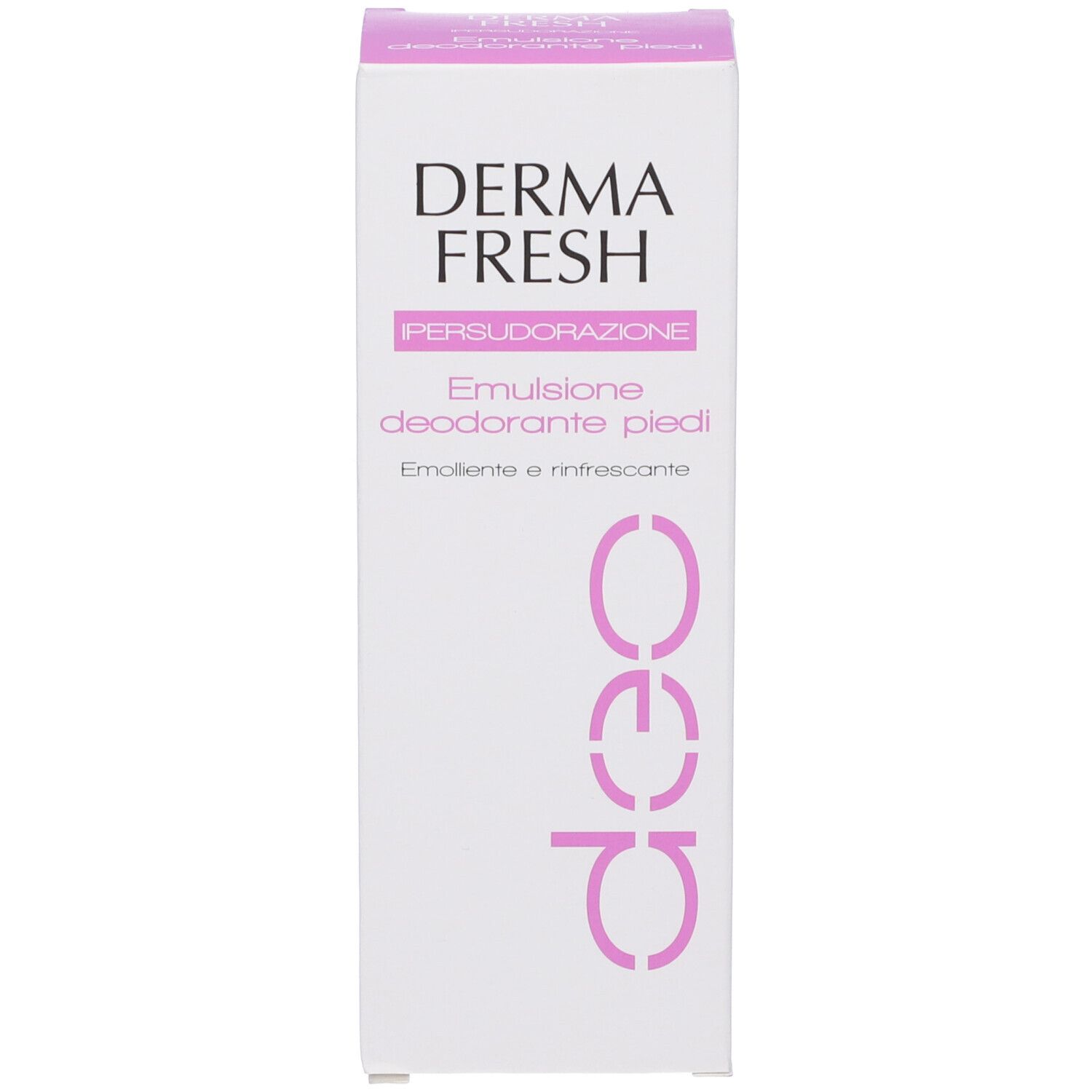 Produktverpackung. Weiße Schachtel mit rosa Schrift. Dermafresh-Logo und Produktbezeichnung.
