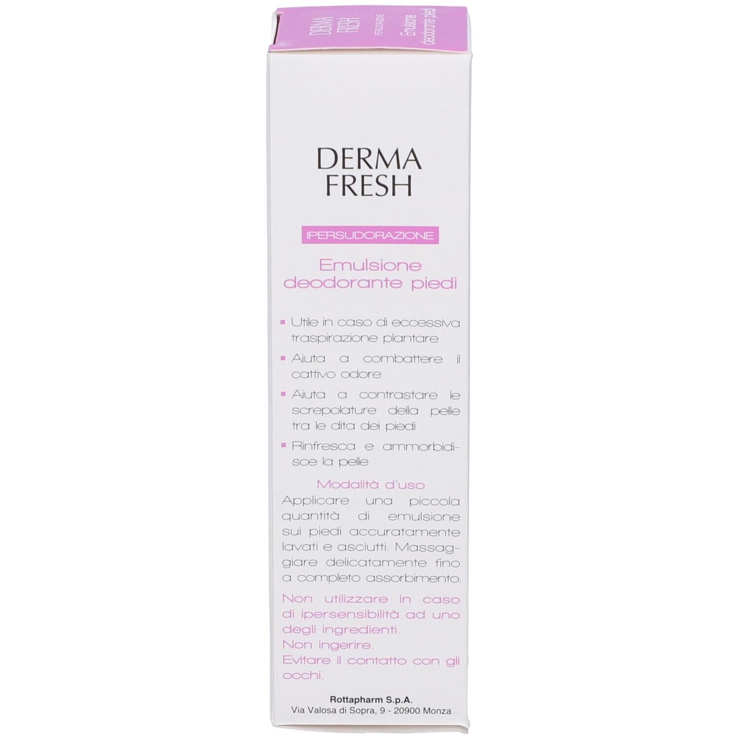 Produktverpackung. Weiße Schachtel mit rosa Schrift. Text in italienischer Sprache.