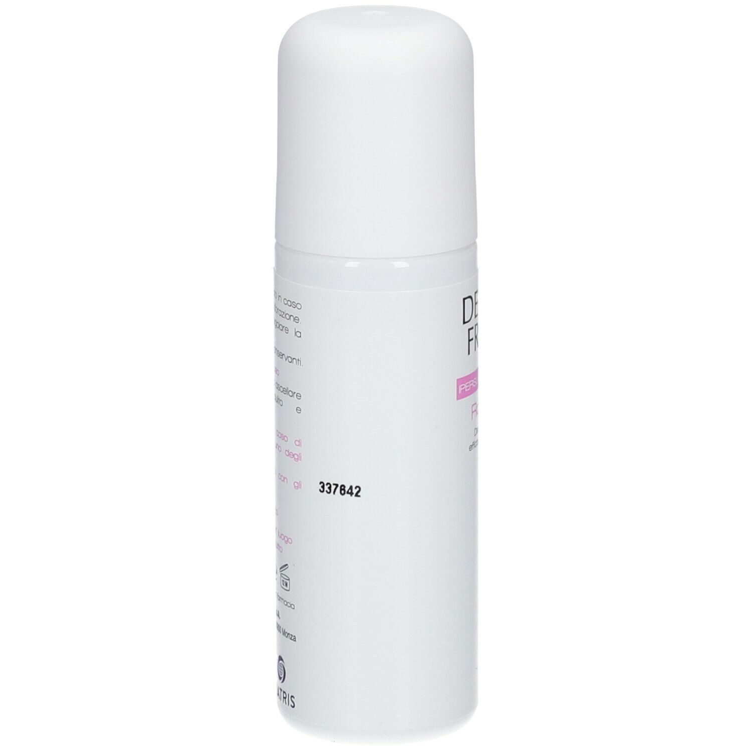 Flacone roll-on bianco con testo rosa. Visibili "DERMA FRESH" e "Roll-on".
