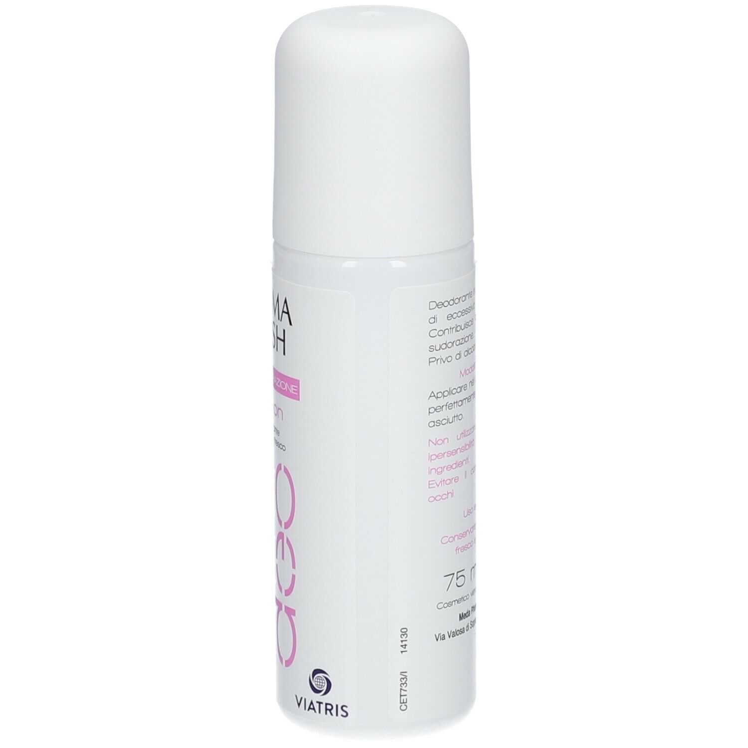 Flacone roll-on bianco con testo rosa. Visibili "DERMA FRESH" e "Roll-on".