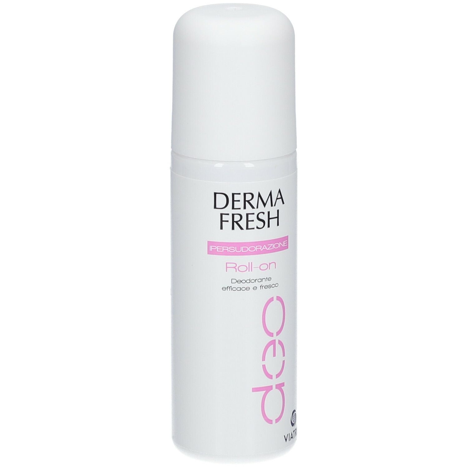 Flacone roll-on bianco con testo rosa. Visibili "DERMA FRESH" e "Roll-on".
