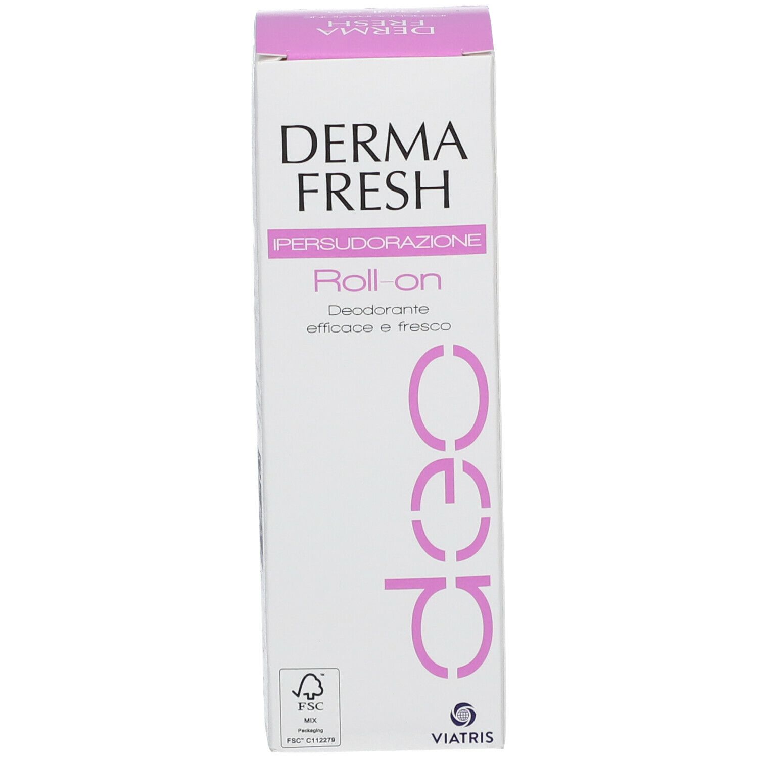 Scatola bianca con testo rosa. Visibili "DERMA FRESH" e "Roll-on".