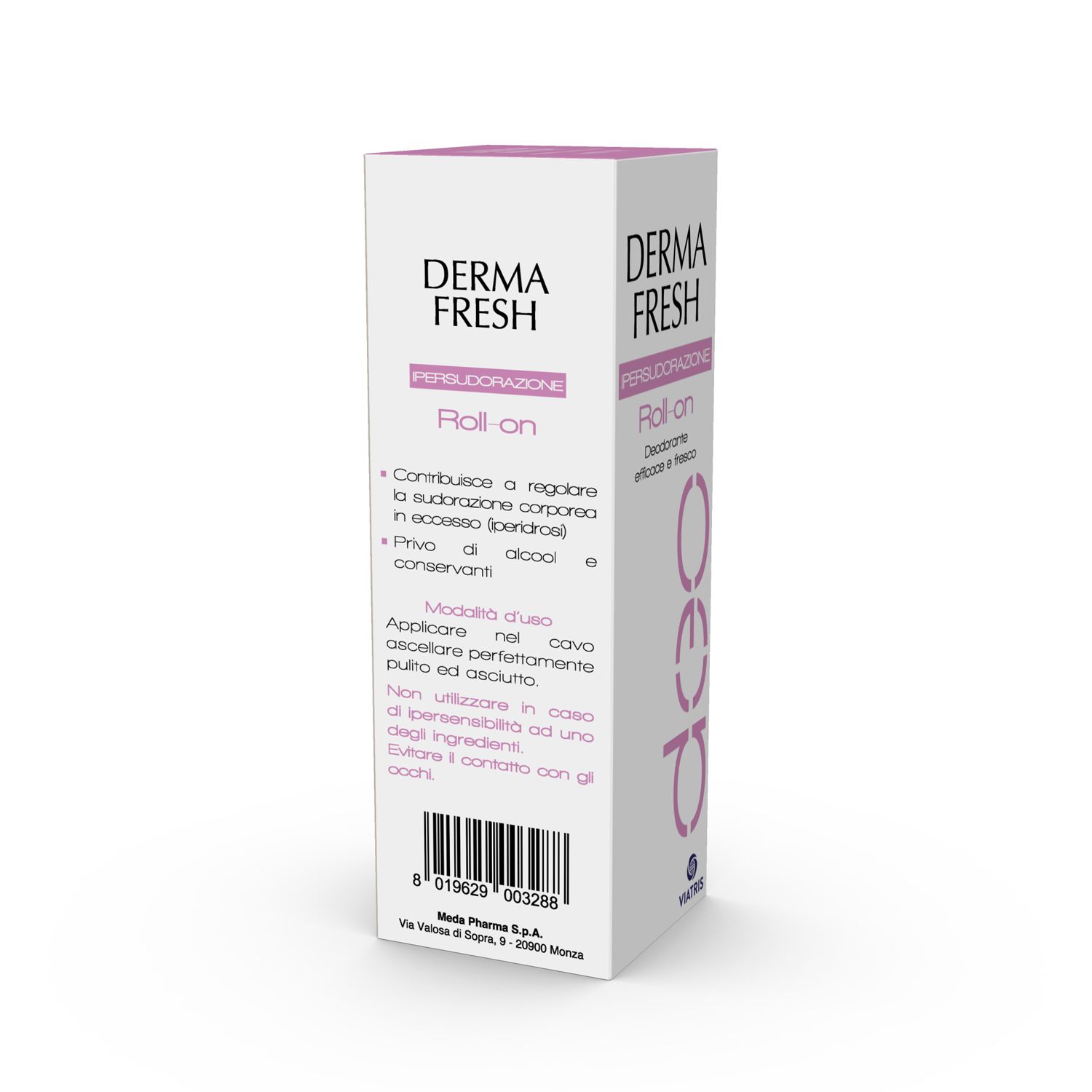 Scatola bianca con testo rosa. Visibili "DERMA FRESH" e "Roll-on". Contenuto 75 ml.