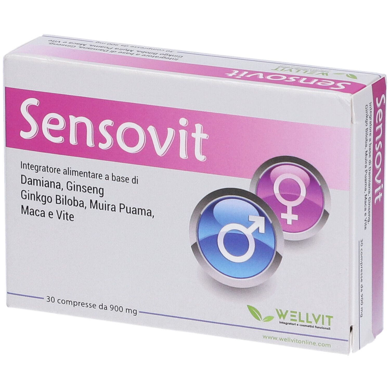 Confezione Sensovit con logo, ingredienti e simboli uomo/donna. 30 compresse.