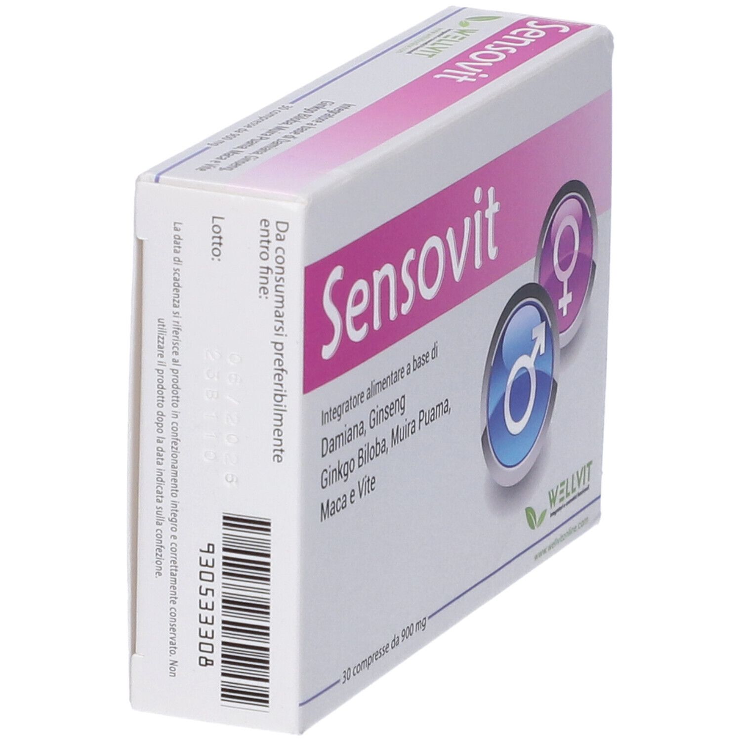 Confezione Sensovit con logo, ingredienti e simboli uomo/donna. 30 compresse.